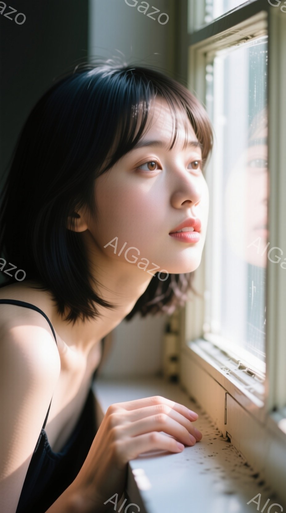 黒髪の女性が窓辺に寄りかかって、外を見つめている。肩出しの黒い服を着ており、前髪を少し短く切ったヘアスタイルが特徴的だ。窓枠は白く、彼女の表情はどこか物憂げで、穏やかな光が彼女を照らしている。