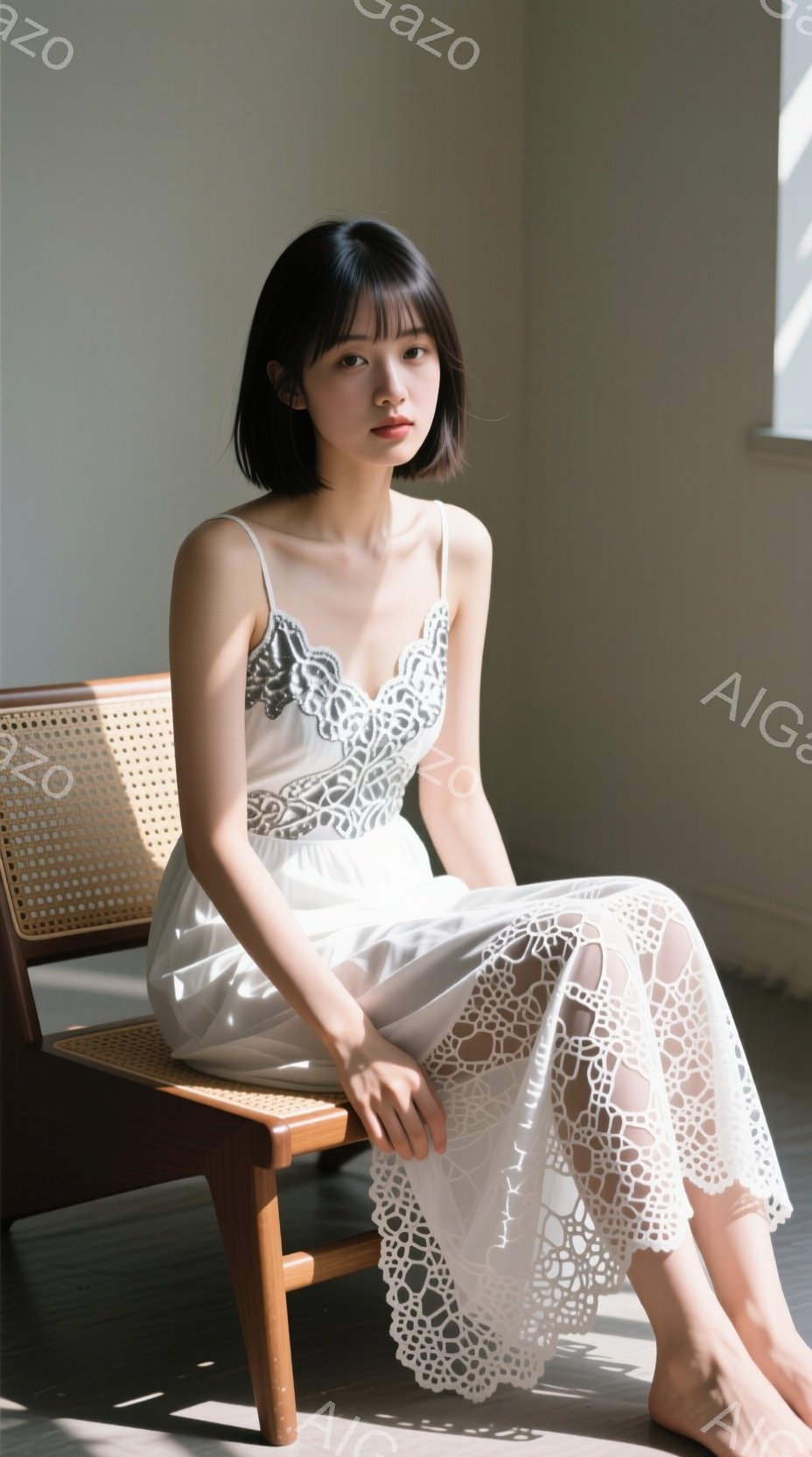 白いレースのドレスを着た若い女性が、木製の椅子に座ってこちらを見ている。彼女はダークブラウンのショートボブヘアで、穏やかで少し物憂げな表情をしている。背景は明るい室内で、窓から差し込む光が床に影を作り - AI生成フリー素材