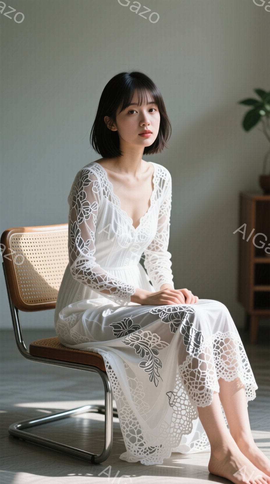 白いレースの長いドレスを着た若い女性が、籐張りの椅子に座っています。彼女は黒髪のショートボブで、落ち着いた表情をしています。背景は明るい部屋で、植物が見え、全体的に穏やかで洗練された雰囲気です。