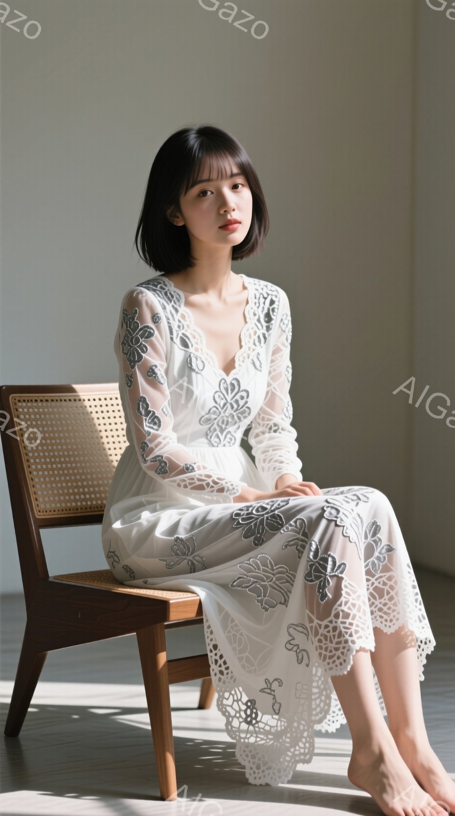 白いレースの長いドレスを着た若い女性が、籐の椅子に座っています。彼女は黒髪のボブスタイルで、表情は穏やかで、少し物憂げです。背景は明るい壁で、光が差し込み、全体的に柔らかく、静謐な雰囲気を醸し出しています。