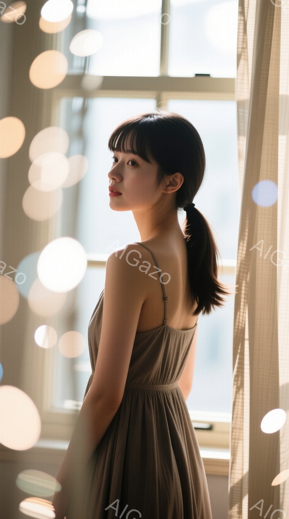 長い茶色のドレスを着た若い女性が、窓辺で横を向いて立っている。彼女は黒髪をポニーテールにし、穏やかな表情でどこかを見つめている。背景にはぼやけた光の円が並び、柔らかく暖かい雰囲気を醸し出している。 - AI生成フリー素材
