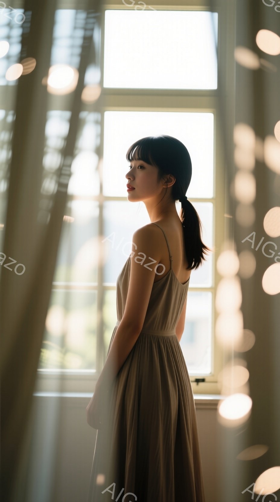 長い髪を後ろで一つに結んだ女性が、ベージュ色のキャミソールワンピースを着て、横を向いて立っている。窓から差し込む柔らかな光が彼女を照らし、背景にはぼやけた光の玉が並んでいる。全体的に穏やかで、ノスタル - AI生成フリー素材