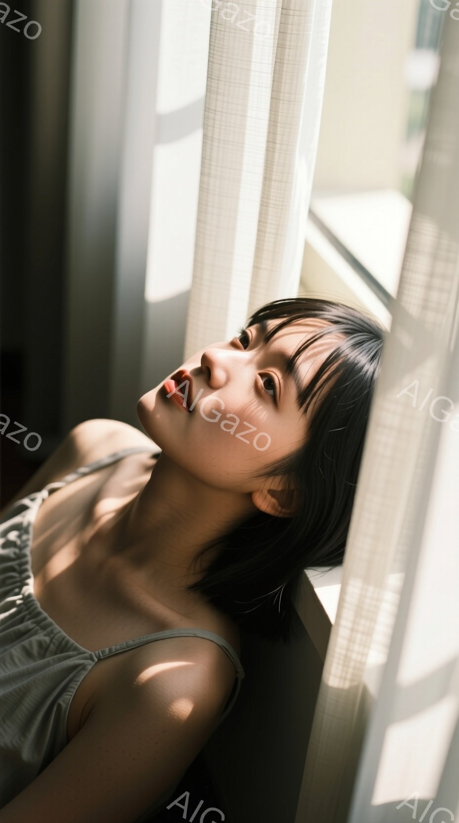 短い黒髪の女性が、明るい光が差し込む窓辺で横たわっています。淡いグレーのキャミソールを着ており、少し口を開け、どこか物憂げな表情をしています。背景にはぼんやりと白いカーテンと窓枠が見え、全体的に柔らか - AI生成フリー素材