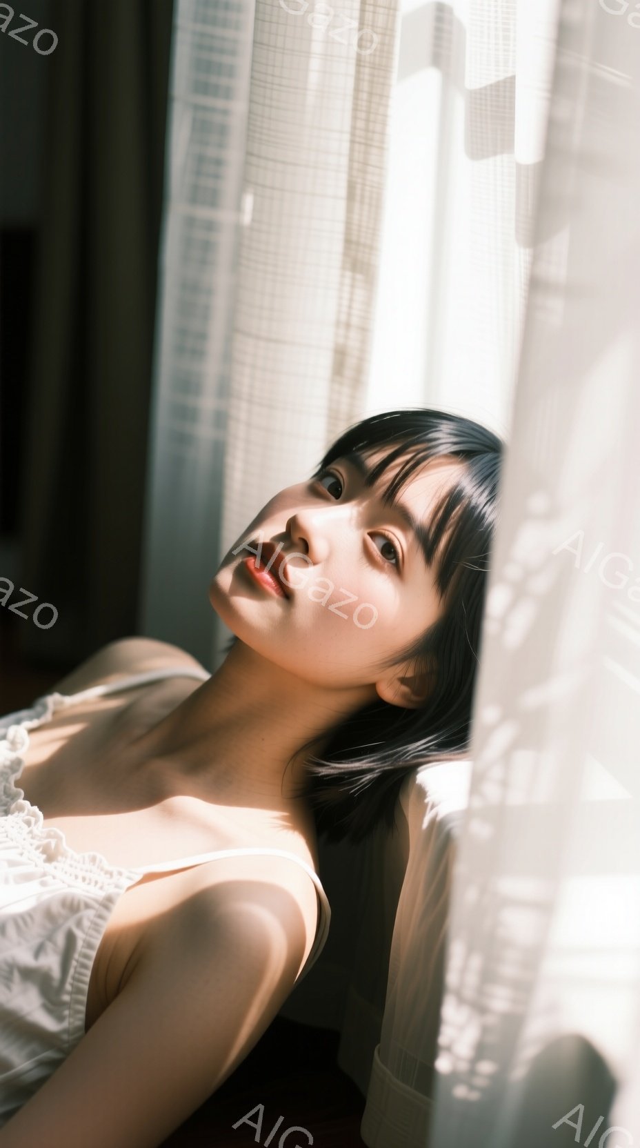 浅いクリーム色のストラップレスのトップスを着た若い女性が、窓からの強い光の中で横たわっている。彼女は黒いボブヘアで、少し口を開け、カメラを見つめている。背景はぼやけているが、窓のレースのカーテンと、光の差し込む白い壁が見える、全体的に穏やかで夢幻的な雰囲気を醸し出している。