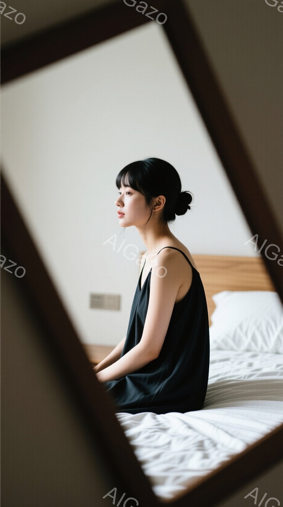 黒いキャミソールを着た若い女性が、白いベッドに座って横を向いています。彼女は黒髪を後ろでまとめ、憂いを帯びた表情で遠くを見つめており、部屋の静けさが彼女の孤独な雰囲気を強調しています。背景はシンプルで、壁とベッドシーツのみが見え、全体的に落ち着いた静謐な印象を与えます。