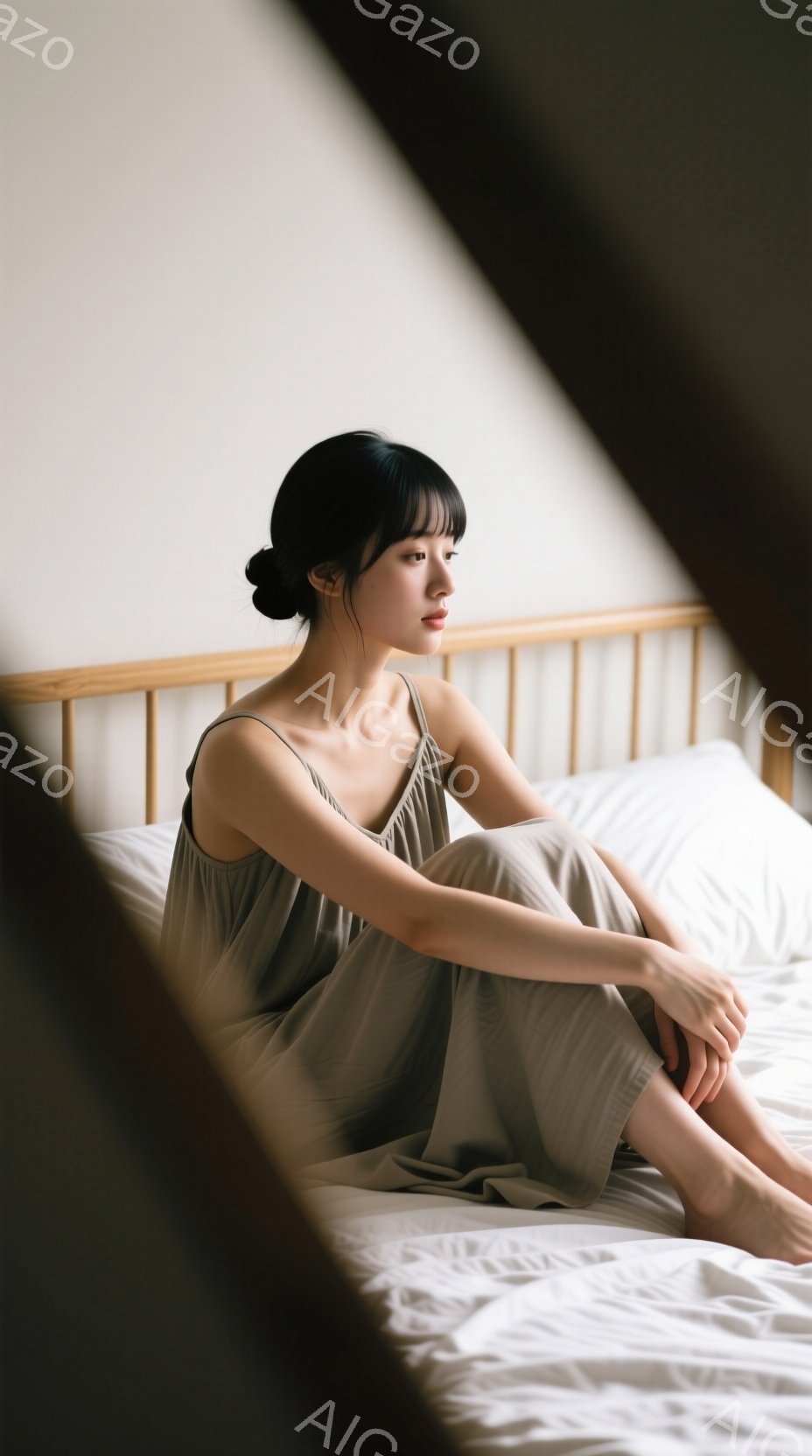 浅いベージュ色のキャミソールワンピースを着た若い女性が、白いシーツが敷かれたベッドに座っています。彼女は足を組み、少し憂いを帯びた表情で遠くを見つめています。背景はシンプルで、ベッドフレームのみが見え - AI生成フリー素材