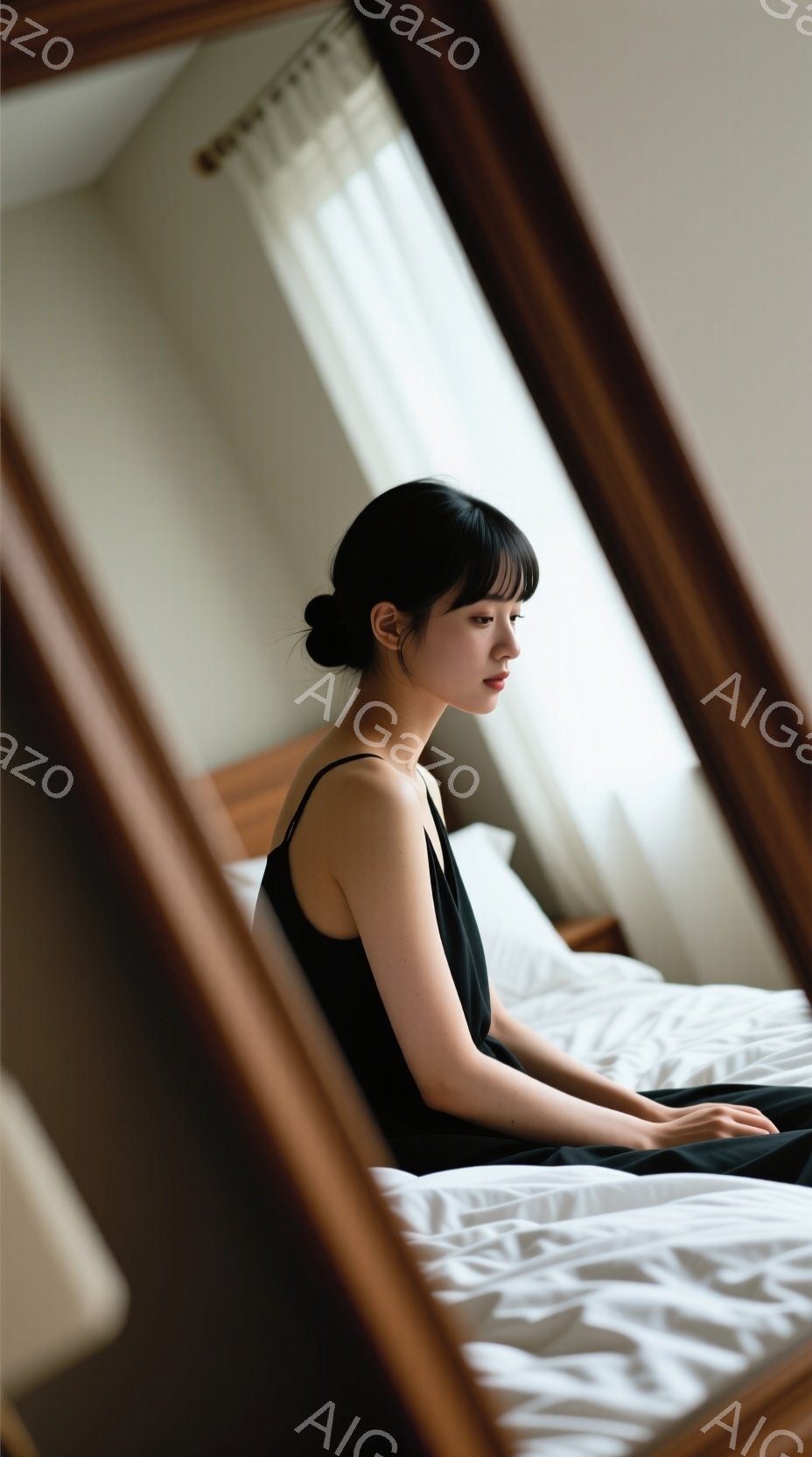 黒いキャミソールを着た若い女性が、白いベッドに座って横を向いている。彼女は黒髪のボブカットで、どこか物憂げな表情をしている。背景はぼやけており、窓から差し込む光が柔らかい雰囲気を醸し出している。 - AI生成フリー素材