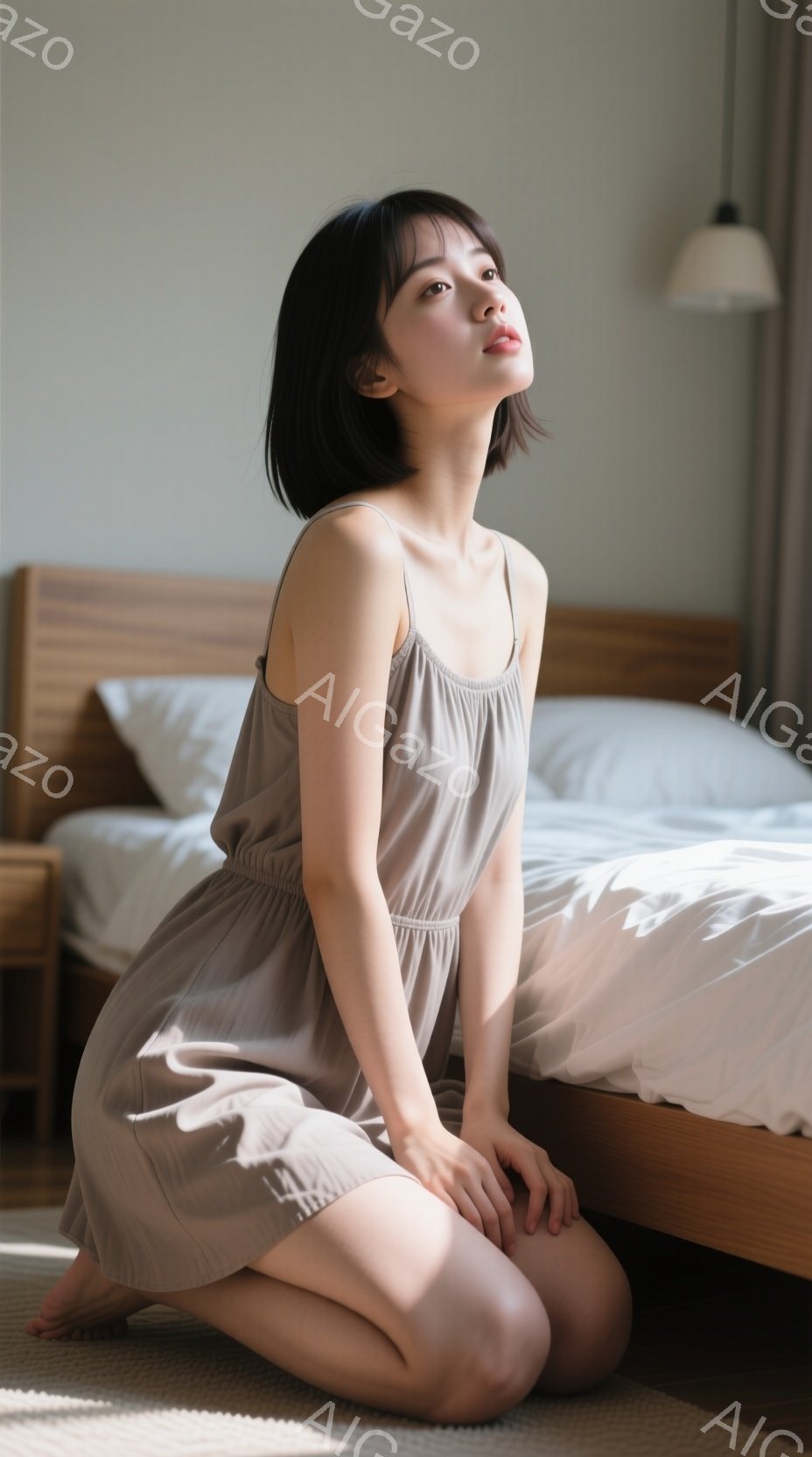 明るい室内で、女性がベージュ色のキャミソールワンピースを着て床に跪いています。彼女は黒髪のショートボブで、顔は穏やかで少し上を見上げています。背景には白いベッドと木製のナイトスタンドがあり、全体的に柔らかく、穏やかな雰囲気が漂っています。