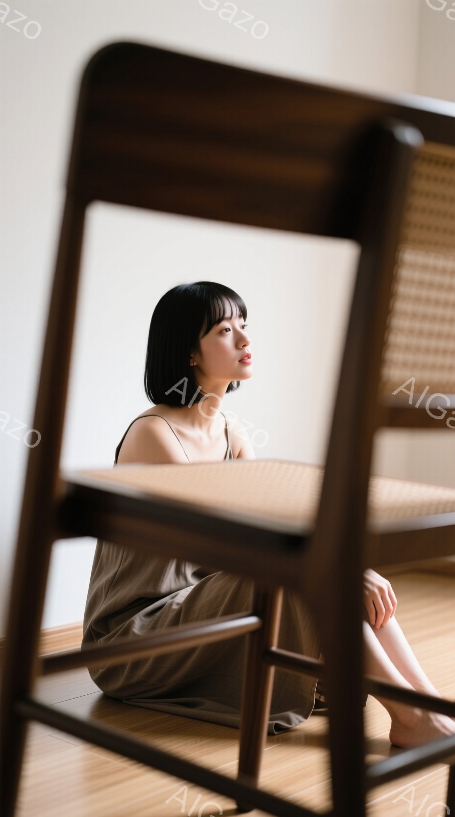 短い黒髪の女性が、ベージュ色のサテンのようなワンピースを着て床に座っている。彼女は少し横を向き、物憂げな表情で遠くを見つめている。背景はシンプルな木製の床で、前景には籐製の椅子のフレームがぼやけており、全体的に落ち着いた、内省的な雰囲気を醸し出している。