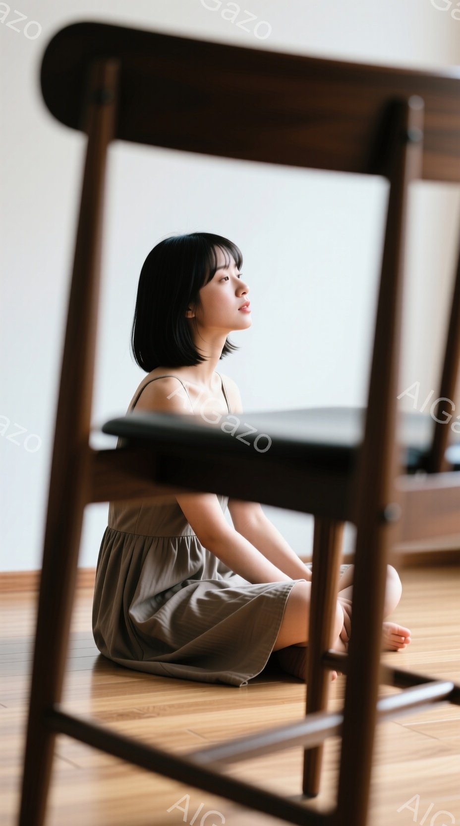 短い黒髪の女性が床に座っており、薄茶色のゆったりとしたワンピースを着ています。彼女は少し上目線で、リラックスした表情で、足は組まずにまっすぐ伸ばされています。背景は明るい木製の床で、ぼやけた椅子が前景 - AI生成フリー素材