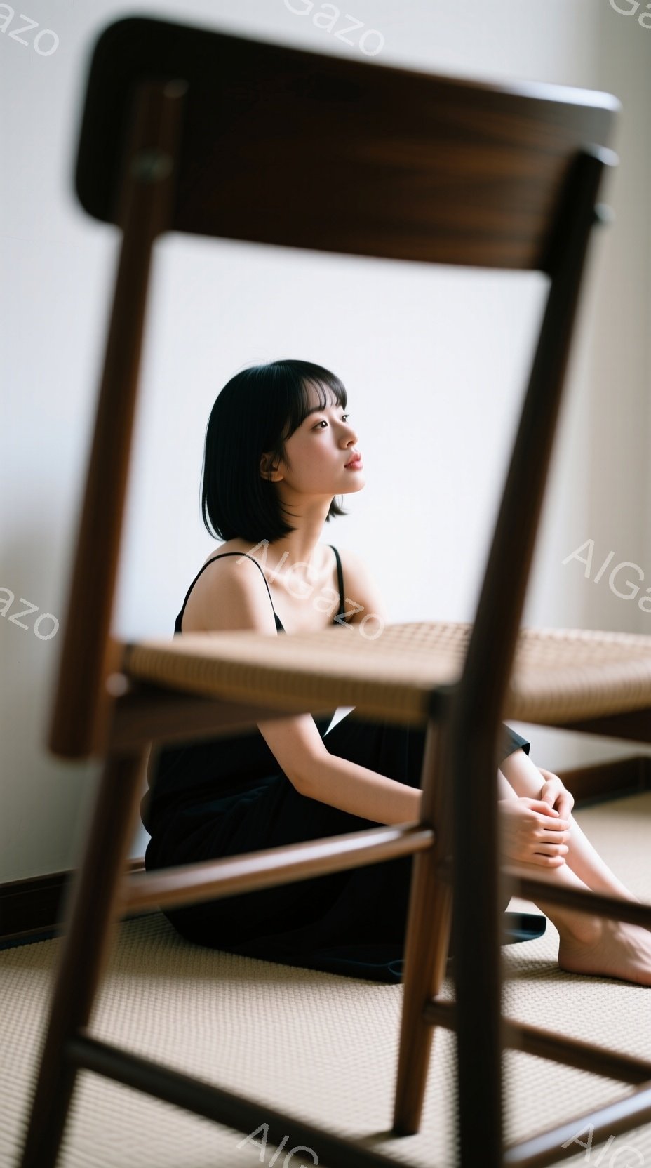 黒いワンピースを着た若い女性が畳の上に座り、膝を抱えています。彼女は短い黒髪で、横顔を見せており、どこか憂いを帯びた表情をしています。背景には木製の椅子が写っており、部屋全体が落ち着いた雰囲気で、日本 - AI生成フリー素材