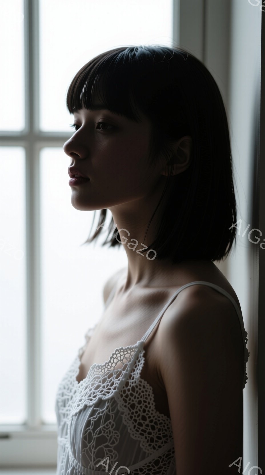 漆黒のショートヘアの女性が、白いレースのキャミソールを身につけ、横顔を見せています。彼女は壁に寄りかかり、憂いを帯びた表情で遠くを見つめており、静かで物憂げな雰囲気を醸し出しています。背景には窓枠が見え、光の当たり具合から室内であることが推測され、全体的に落ち着いたトーンでまとまっています。