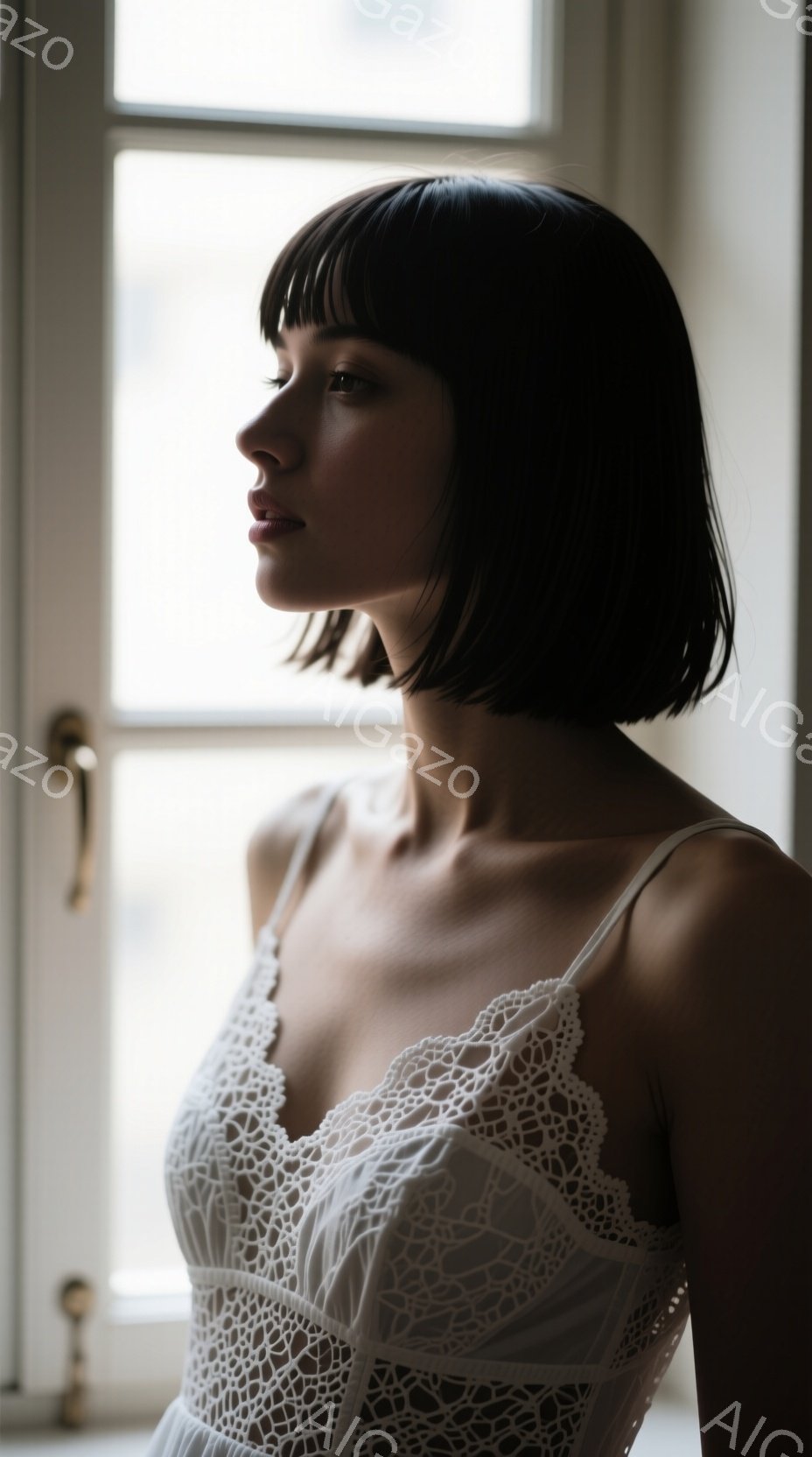 白いレースのキャミソールを身につけた女性が、窓辺で横顔を見せている。彼女はダークトーンの短いヘアスタイルで、やや憂いを帯びた表情をしている。背景にはぼやけた窓枠と、かすかに見える建物が確認でき、全体的にノスタルジックで静謐な雰囲気が漂っている。