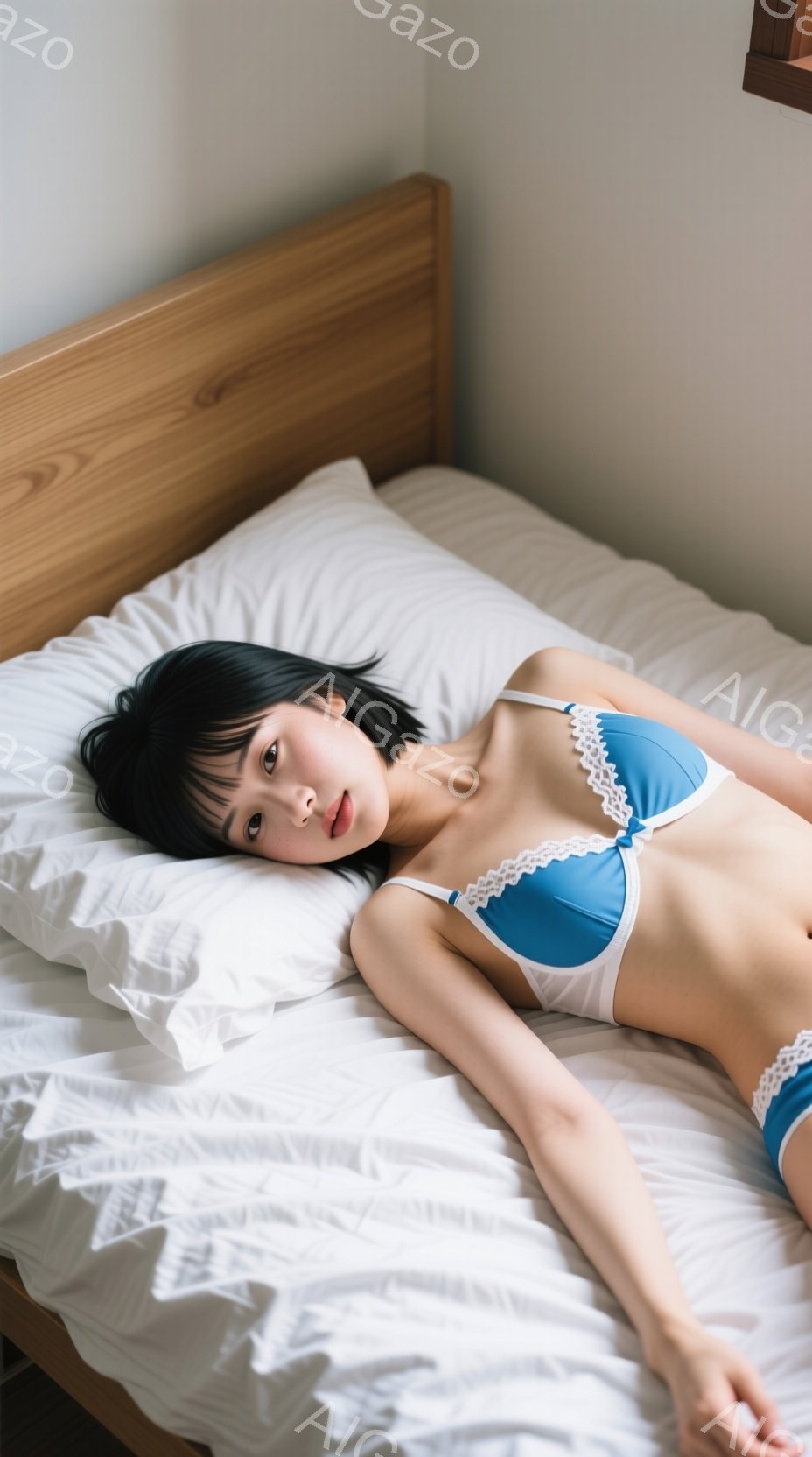 黒髪の女性が白いベッドに仰向けに横たわっており、青と白のレースが縁取られたブラとショーツを着用しています。彼女は片腕を頭の下に置き、リラックスした表情でカメラを見つめています。背景は明るい部屋の一部で - AI生成フリー素材