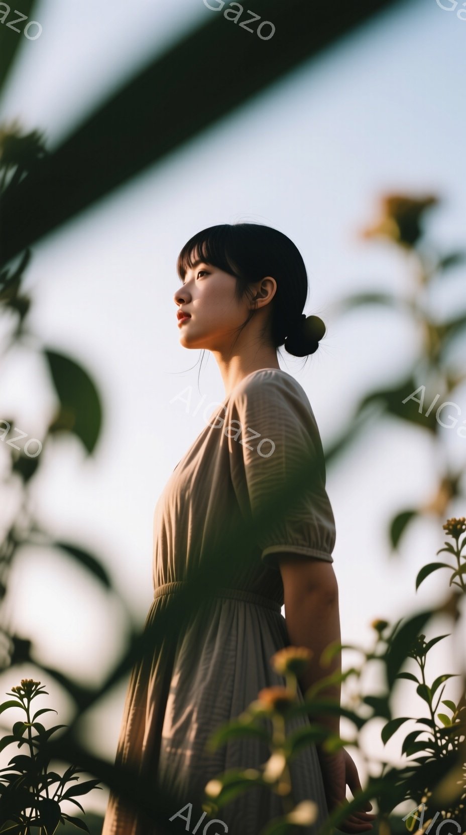 モデルはベージュ色のゆったりとしたワンピースを着ており、後ろで髪をまとめている。彼女は横を向いて遠くを見つめており、表情は穏やかで少し物憂げだ。背景には緑豊かな植物が見え、光が差し込み、全体的に柔らか - AI生成フリー素材