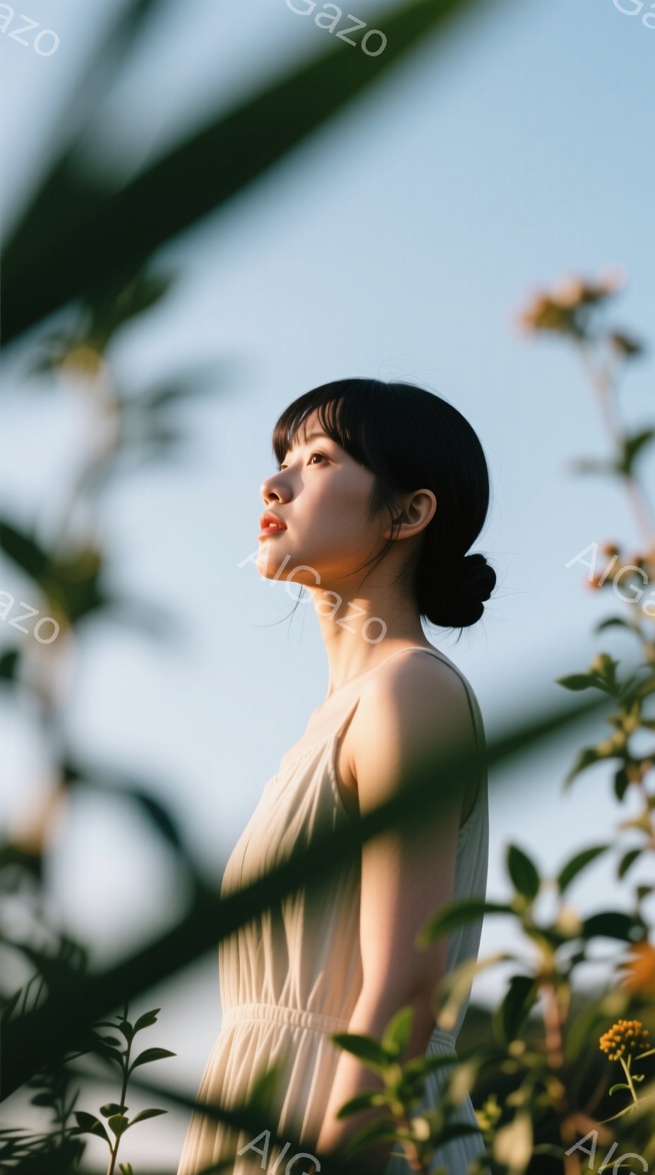 彼女はクリーム色のキャミソールワンピースを着て、後ろで髪をまとめ、横顔を見せています。少し上を見上げ、穏やかで物憂げな表情を浮かべています。背景には緑の葉と黄色い花が咲き乱れ、空は明るい青色で、全体的に柔らかく、夢幻的な雰囲気が漂っています。
