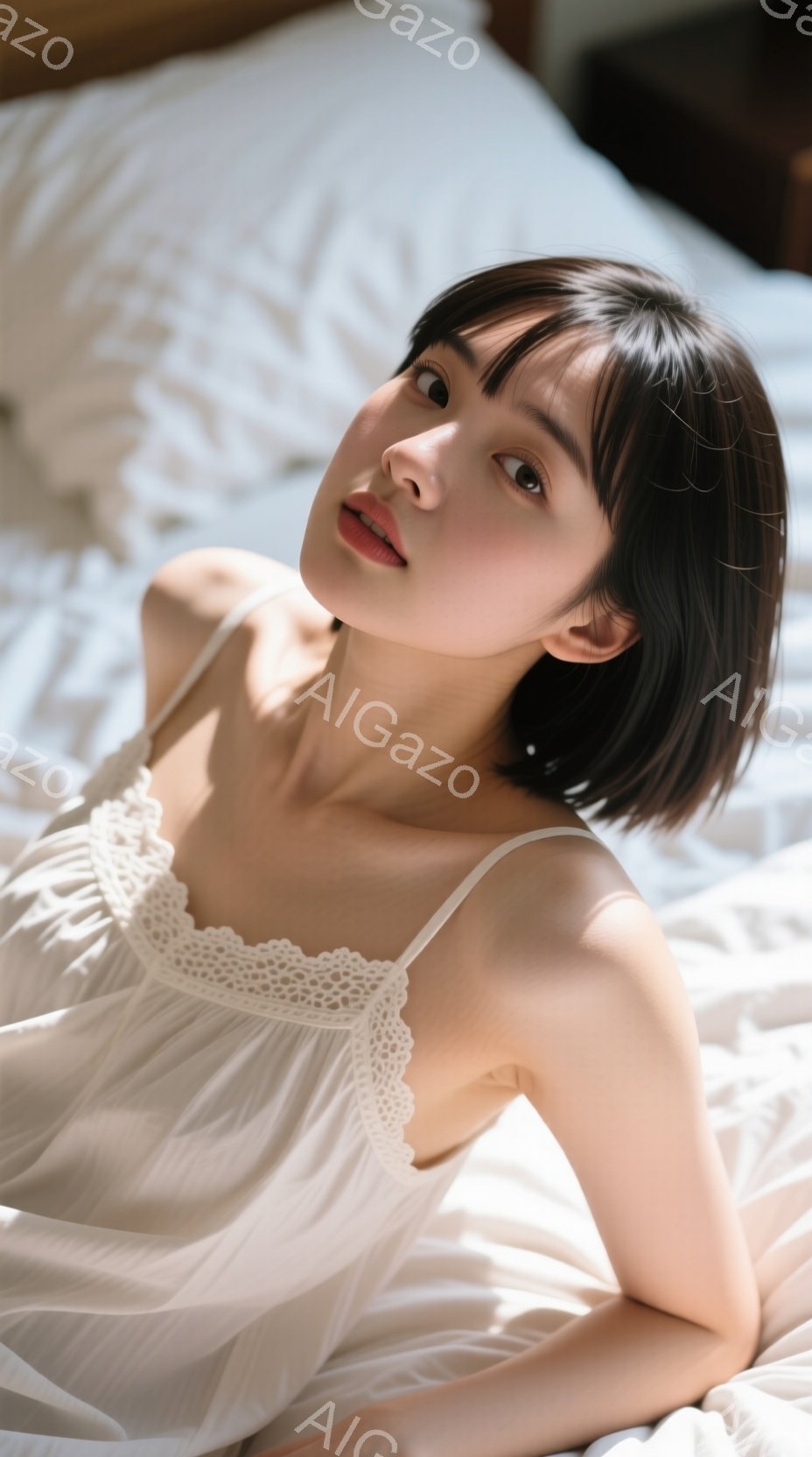 浅黒い髪を肩にかかる長さにカットした女性が、白いレースのキャミソールを着てベッドに横たわっています。彼女は少し上目遣いで微笑んでおり、柔らかい光が彼女の顔を照らしています。背景は白いベッドシーツで、全 - AI生成フリー素材