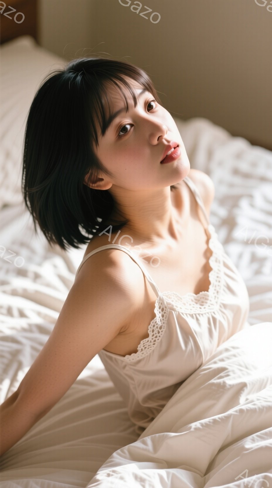 光沢のあるクリーム色のキャミソールを着た若い女性が、白く柔らかなベッドの上に横たわっています。彼女は黒髪のショートヘアで、カメラに向かって穏やかな微笑みを浮かべています。背景はぼやけていますが、柔らか - AI生成フリー素材