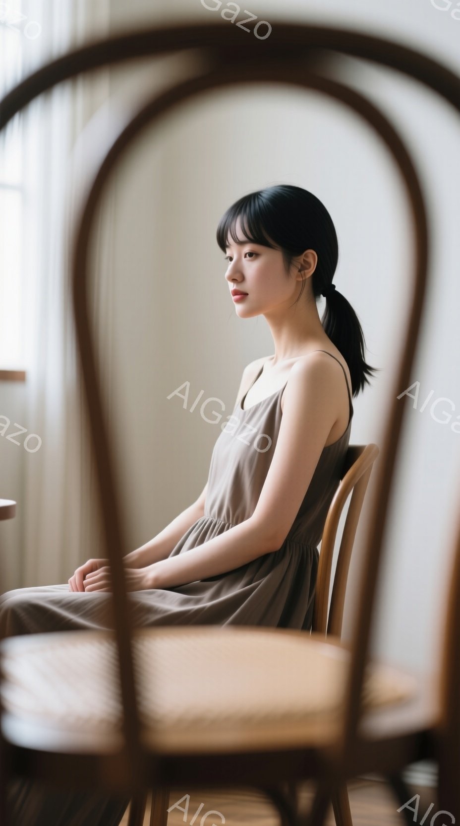 長い黒髪を後ろで一つにまとめた女性が、ベージュ色のキャミソールワンピースを着て椅子に座っています。彼女は横顔で、少し物憂げな表情をしており、室内は柔らかい光に包まれています。背景はシンプルな白い壁で、全体的に穏やかで静寂な雰囲気が漂っています。