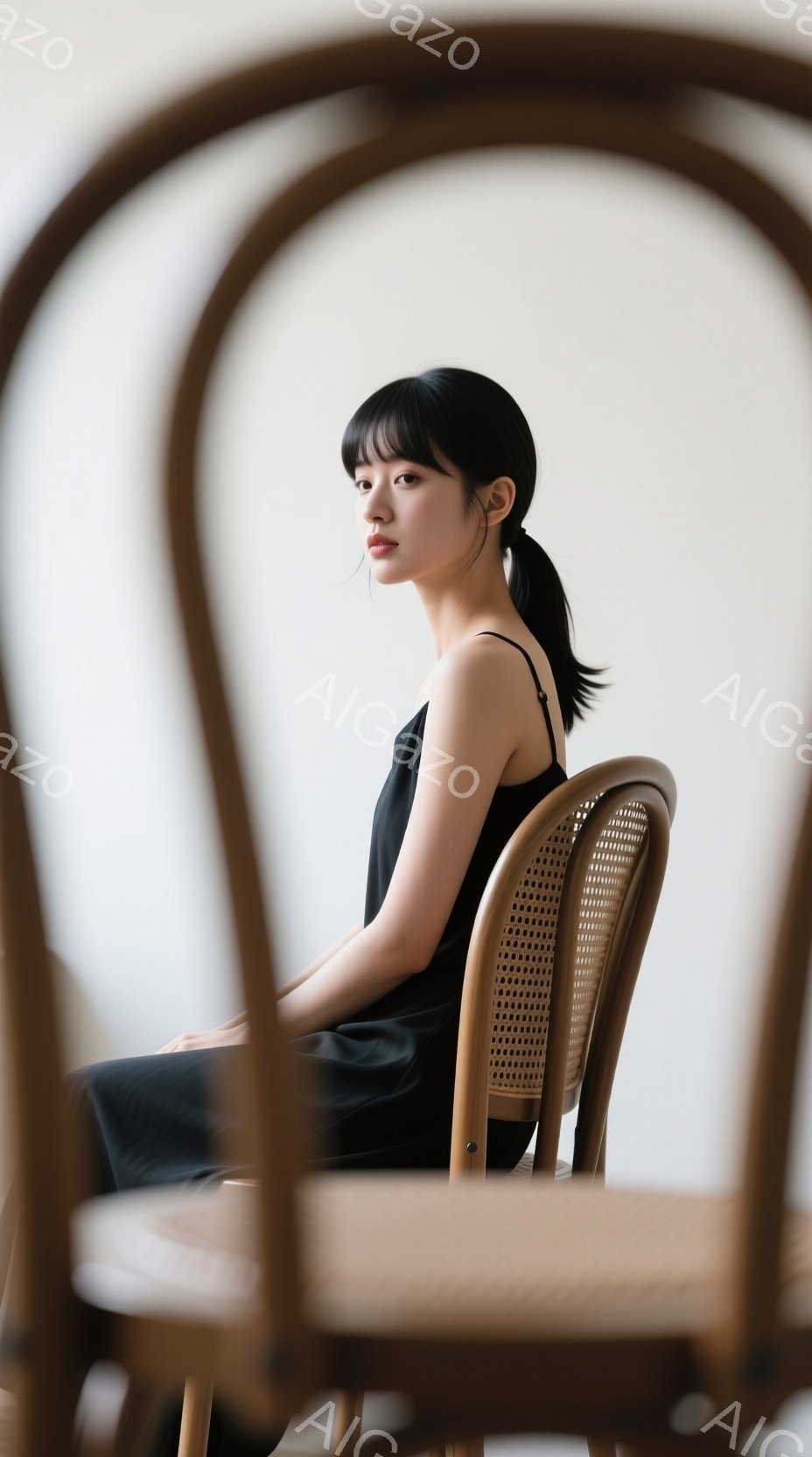 黒いシンプルなキャミソールワンピースを着た女性が、籐の椅子に座っています。彼女はストレートの黒髪で、表情は穏やかでどこか憂いを帯びています。背景は白く、全体的に落ち着いた、ミニマルな雰囲気が漂っています。