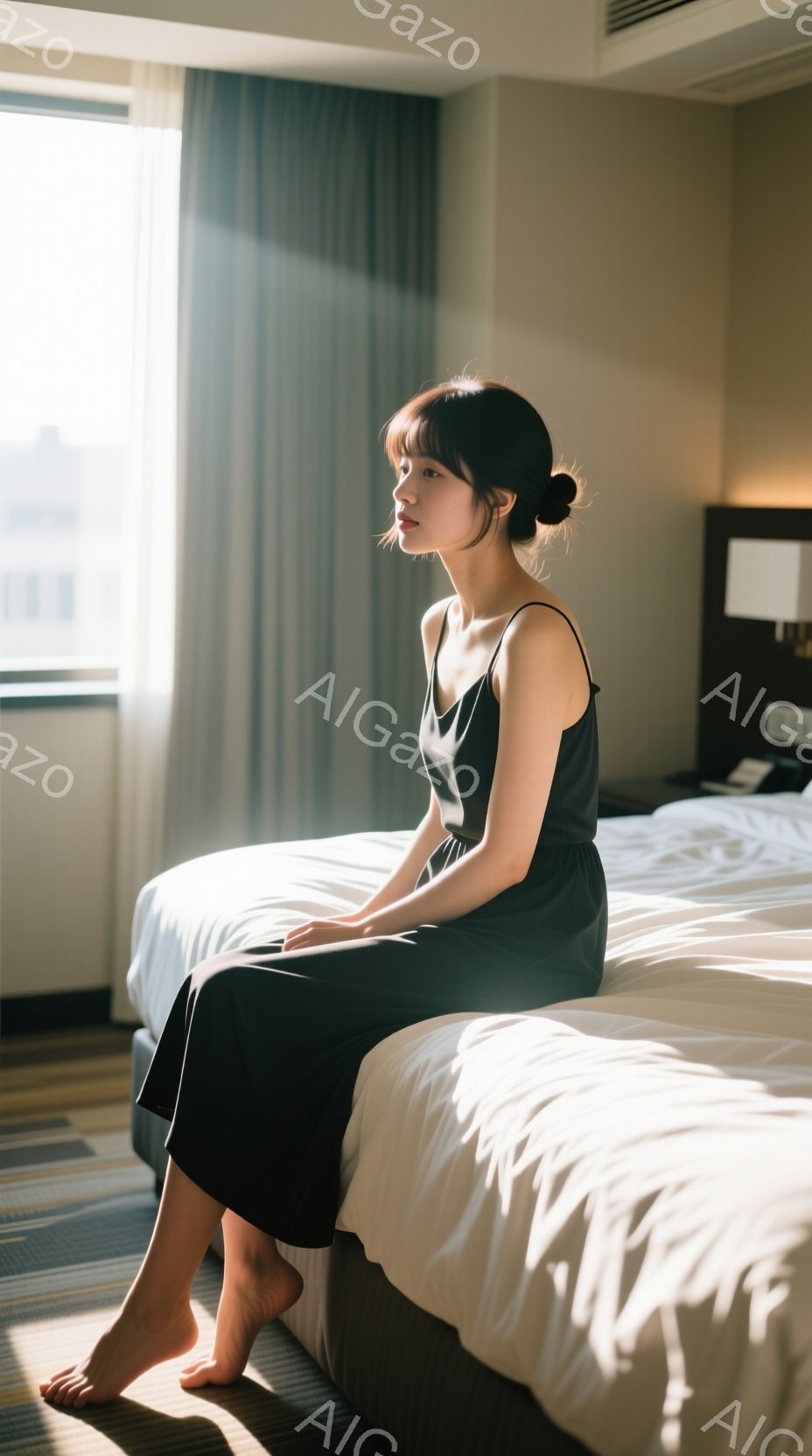 モデルはベッドに座り、ダークグリーンのキャミソールとロングスカートを着用しています。彼女は足を組んで座っており、少し憂いを帯びた表情で横の方を見ています。窓からは柔らかな光が差し込み、部屋全体を明るく照らし、静かで穏やかな雰囲気を醸し出しています。