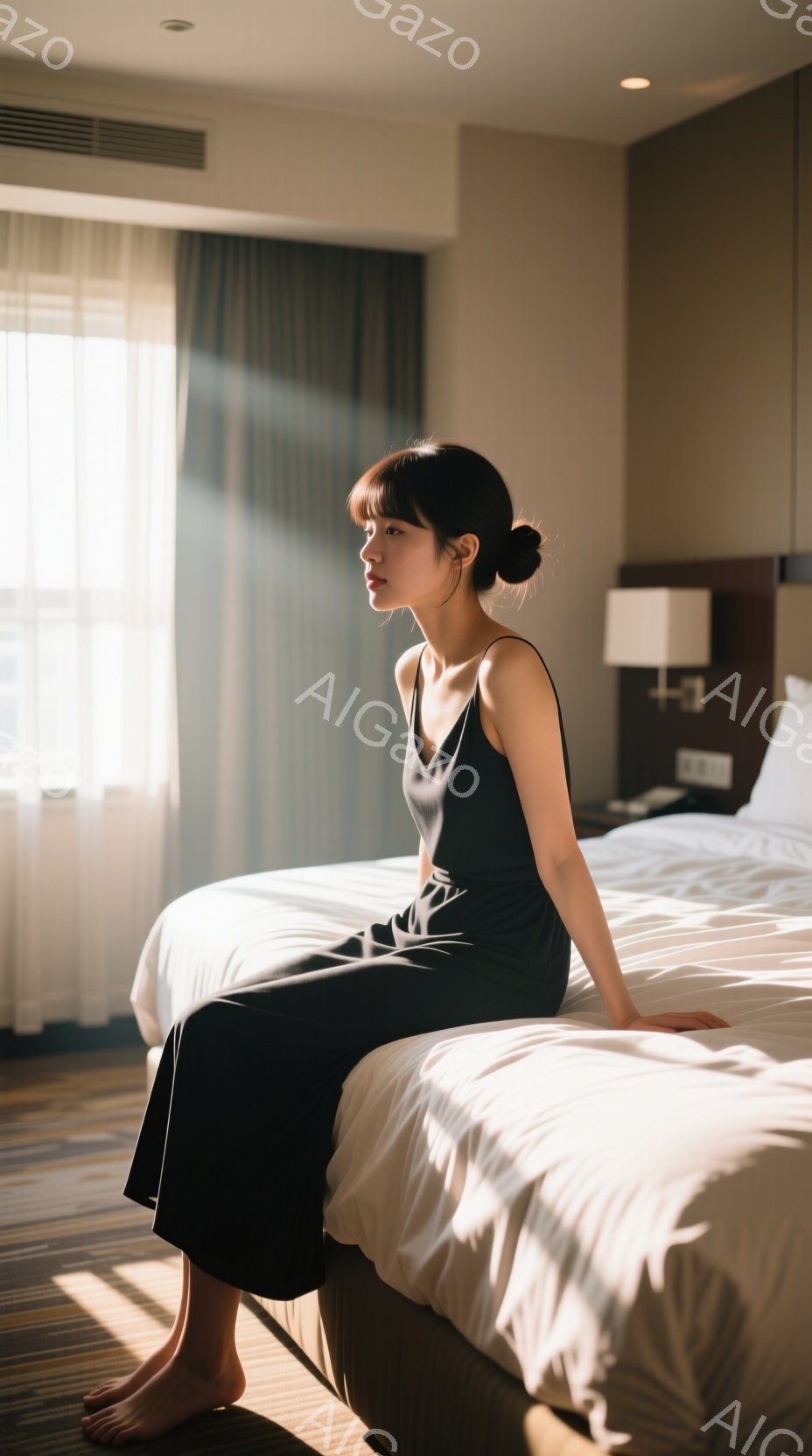 黒いキャミソールワンピースを着た女性が、白いベッドの縁に座っています。彼女は足を伸ばし、少し物憂げな表情で遠くを見つめています。部屋には朝日が差し込み、柔らかい光が彼女を照らしており、静かで落ち着いた - AI生成フリー素材