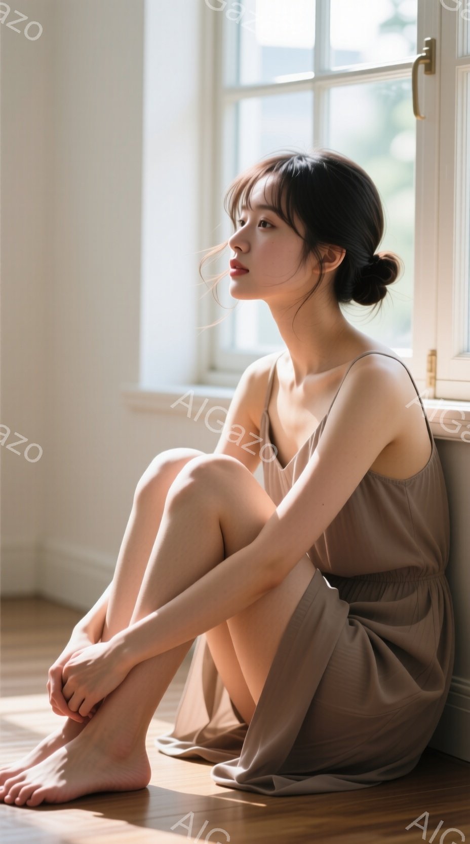 明るい光が差し込む窓辺で、女性が床に座り、膝を抱えています。彼女は淡いベージュ色のゆったりとしたワンピースを着ており、ダークブラウンの髪は後ろで無造作にまとめられています。穏やかな表情で何かを考え込ん - AI生成フリー素材