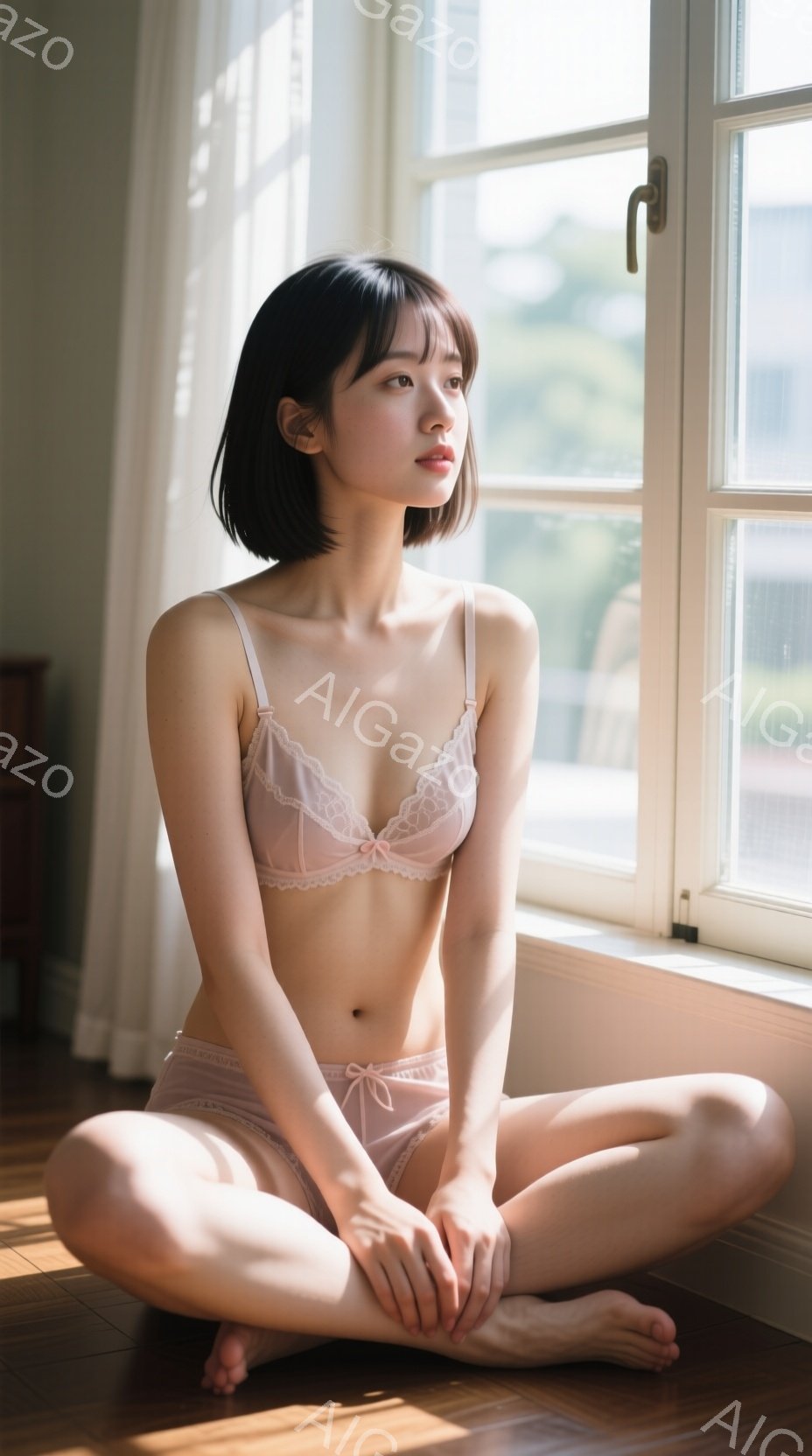 明るい窓辺に座る女性は、レースが縁取られた淡いピンクのブラとショーツを身に着けています。彼女は足を組んで座り、少し物憂げな表情で遠くを見つめています。背景には木々と緑が見え、穏やかでリラックスした雰囲 - AI生成フリー素材