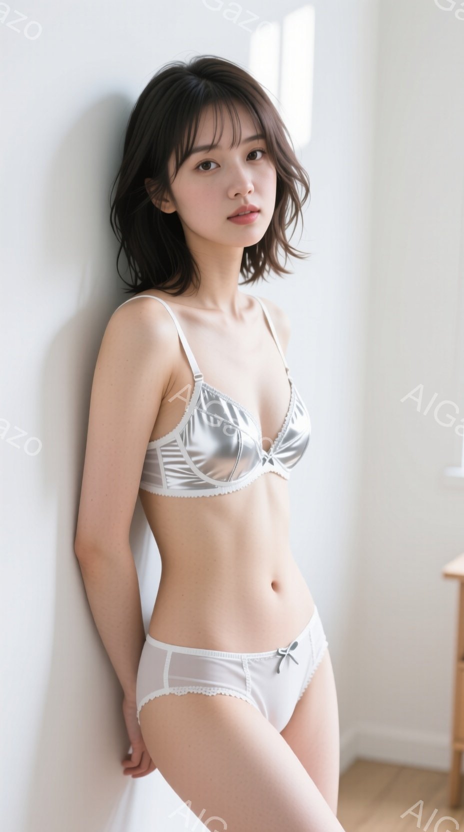 明るい室内で、若い女性が白いランジェリーセットを身に着けて壁にもたれている。彼女は肩までの長さのダークブラウンの髪で、少し微笑んでいる。背景はシンプルな白壁と木製の床で、全体的に清潔感があり、柔らかい雰囲気を醸し出している。