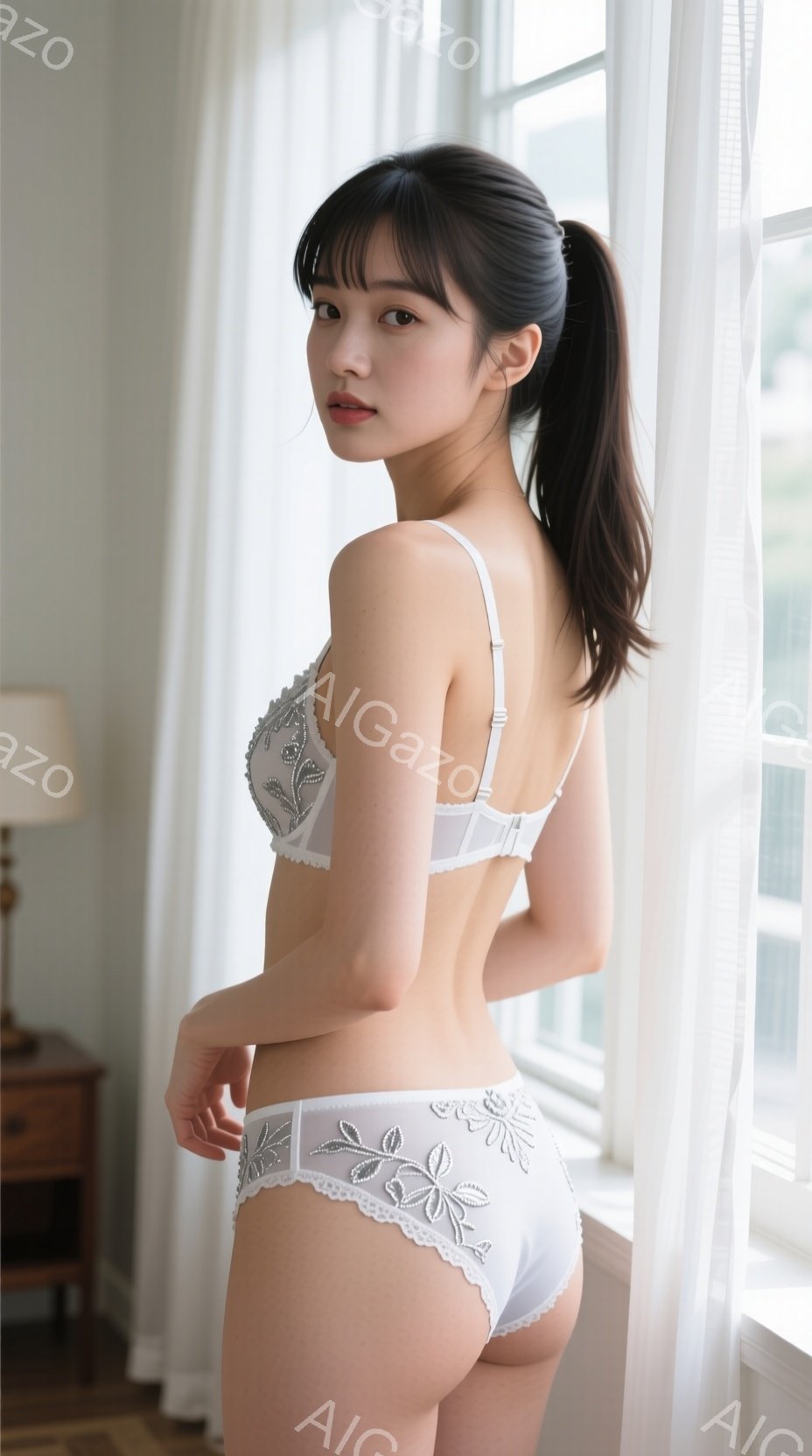 長い黒髪をポニーテールにした女性が、白いレースのブラとパンティー姿で窓辺に立っている。彼女は少し振り返り、微笑みを浮かべているが、表情は穏やかで優雅だ。背景は明るい部屋で、窓から差し込む自然光が彼女を - AI生成フリー素材