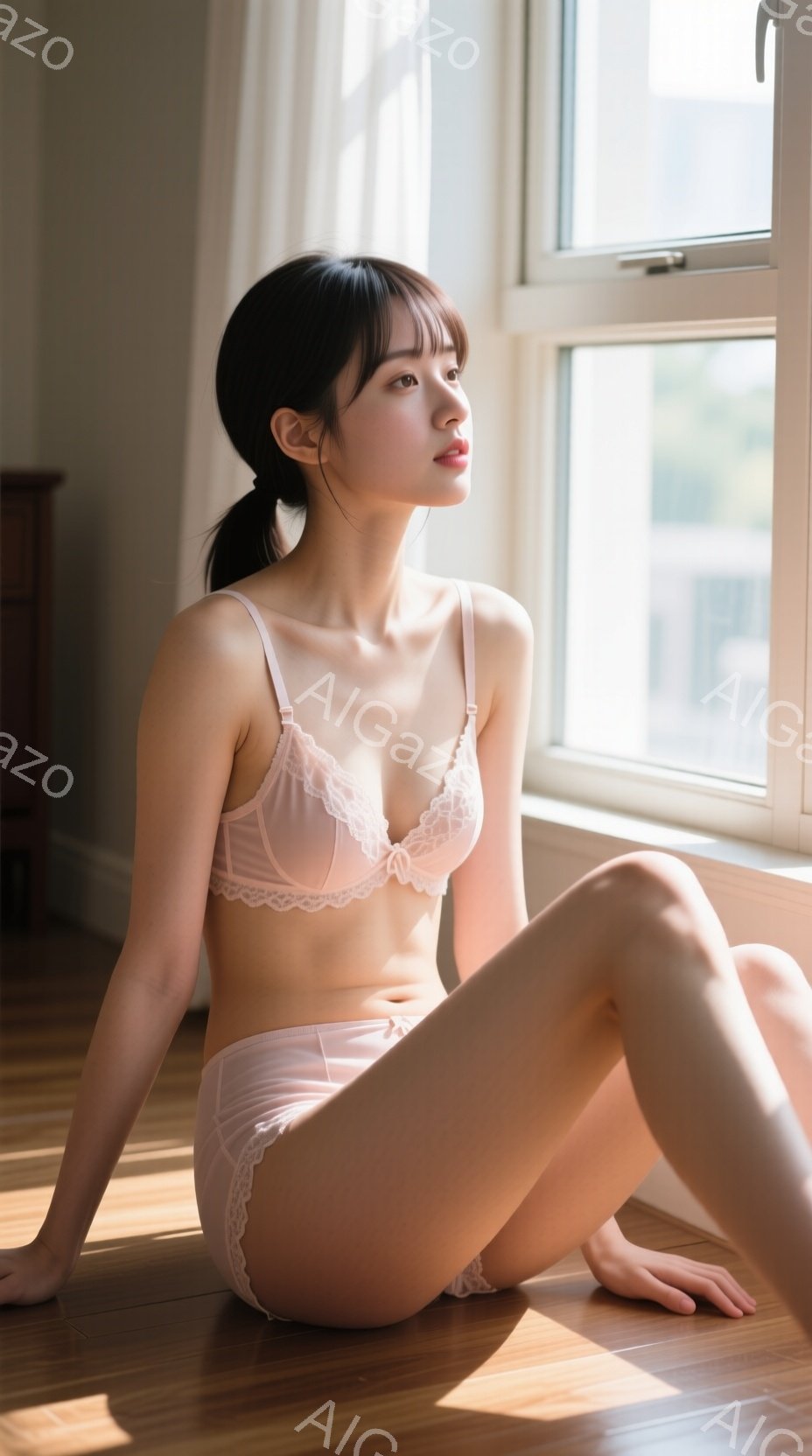 明るい日差しの差し込む部屋で、若い女性が床に座ってポーズを取っています。淡いピンク色のレースのブラとショーツを身につけ、長い黒髪を後ろで一つに結んでいます。彼女はリラックスした表情で、少し上を見つめ、 - AI生成フリー素材