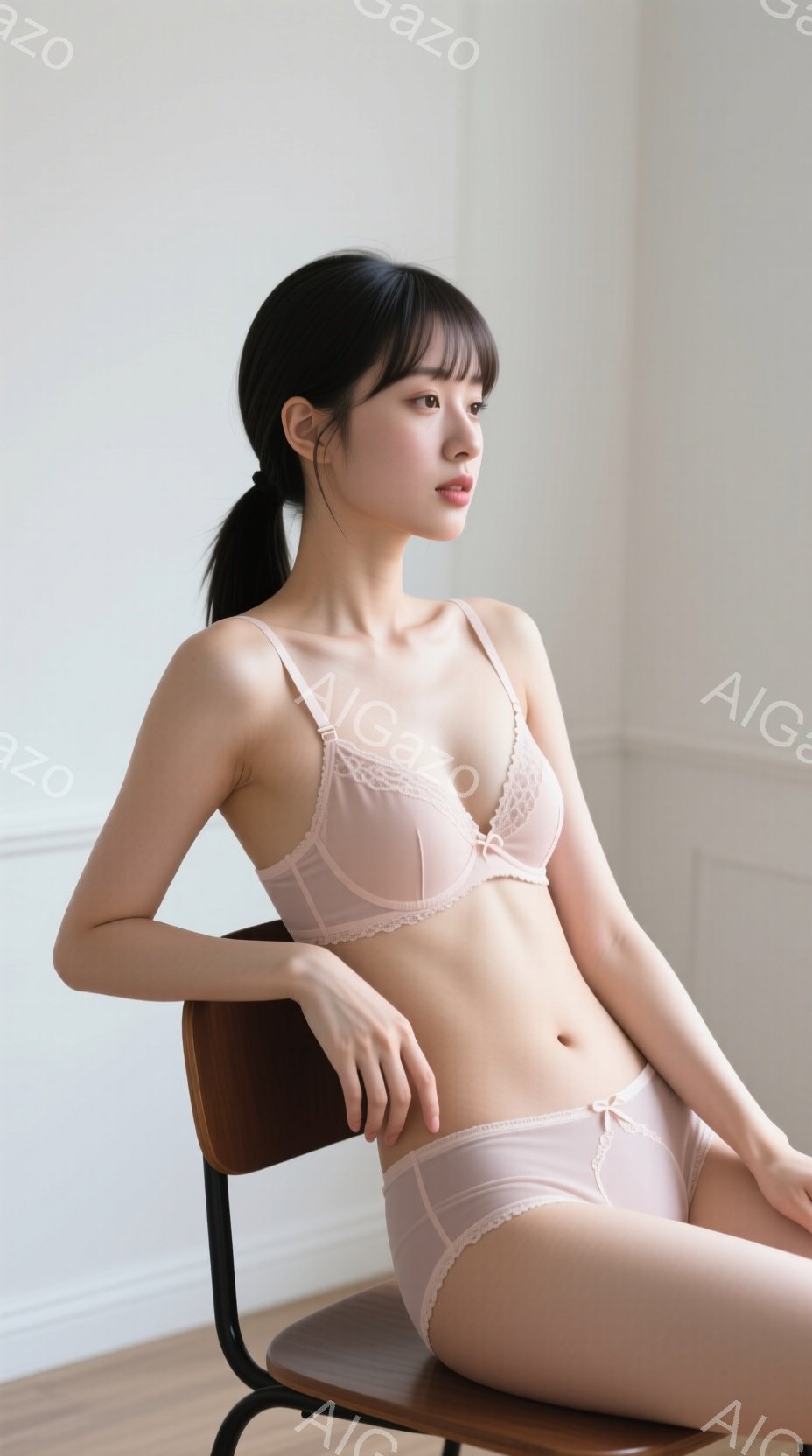 薄いピンク色のレース装飾のブラジャーとショーツを身に着けた若い女性が、木製の椅子に座って横を向いています。彼女は長い黒髪をポニーテールにし、少し憂いを帯びた表情で遠くを見つめています。背景はシンプルな白い壁と明るい木製の床で、全体的に柔らかく、内面的な雰囲気を醸し出しています。