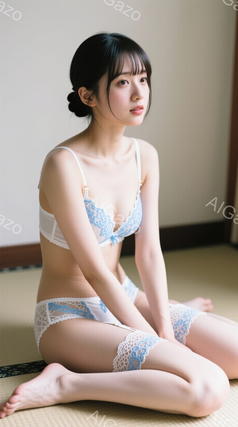 画像は、畳の上に座っている若い女性が写っています。彼女は白いレースのブラジャーとショーツを身につけ、長い黒髪は肩にかかっています。彼女はリラックスした表情で、わずかに微笑んでいます。 - AI生成フリー素材