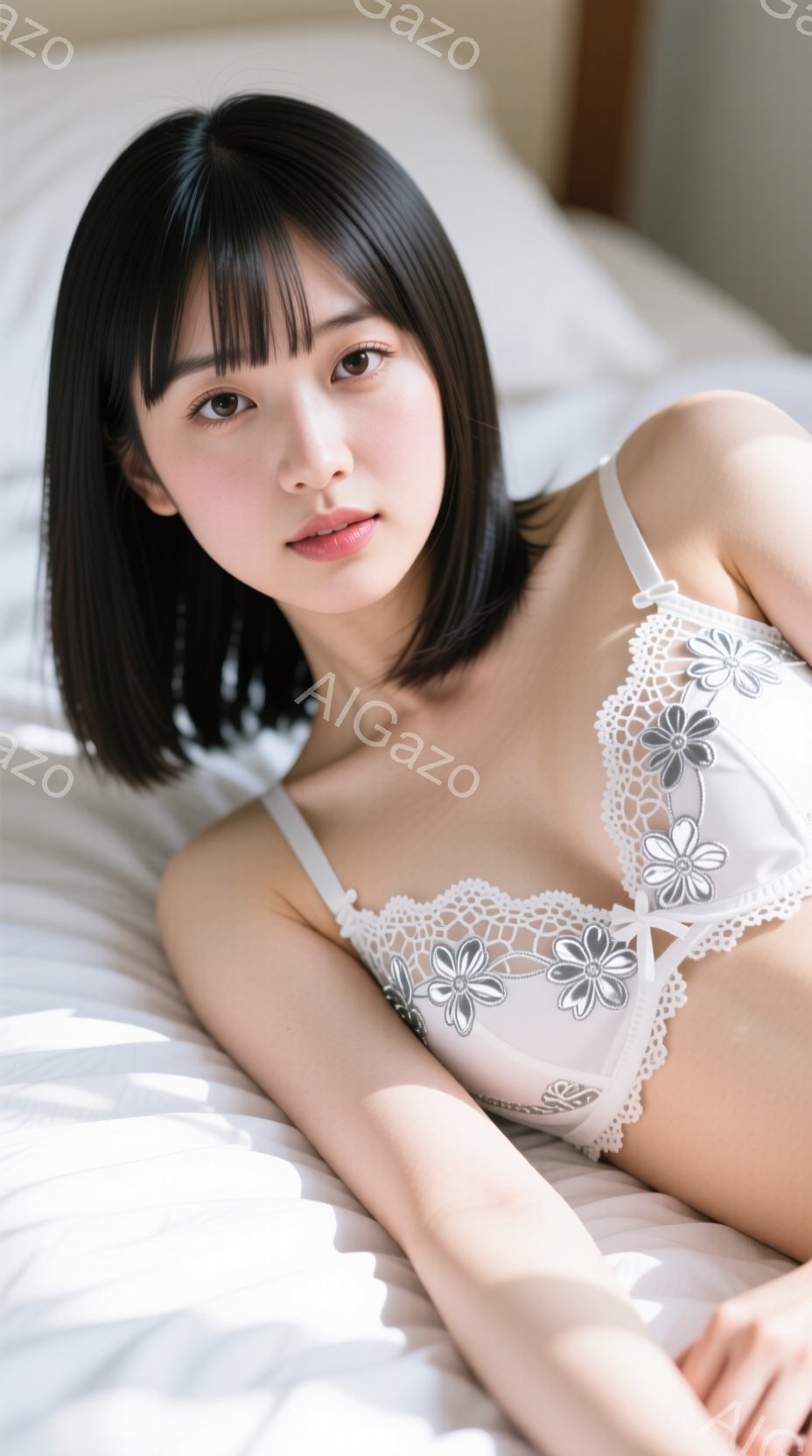 黒髪のショートヘアで、白いレースのブラレットを身につけた女性が、白いシーツの上に仰向けに横たわっています。彼女はわずかに微笑み、リラックスした表情でカメラを見つめています。背景はぼやけており、部屋の一 - AI生成フリー素材