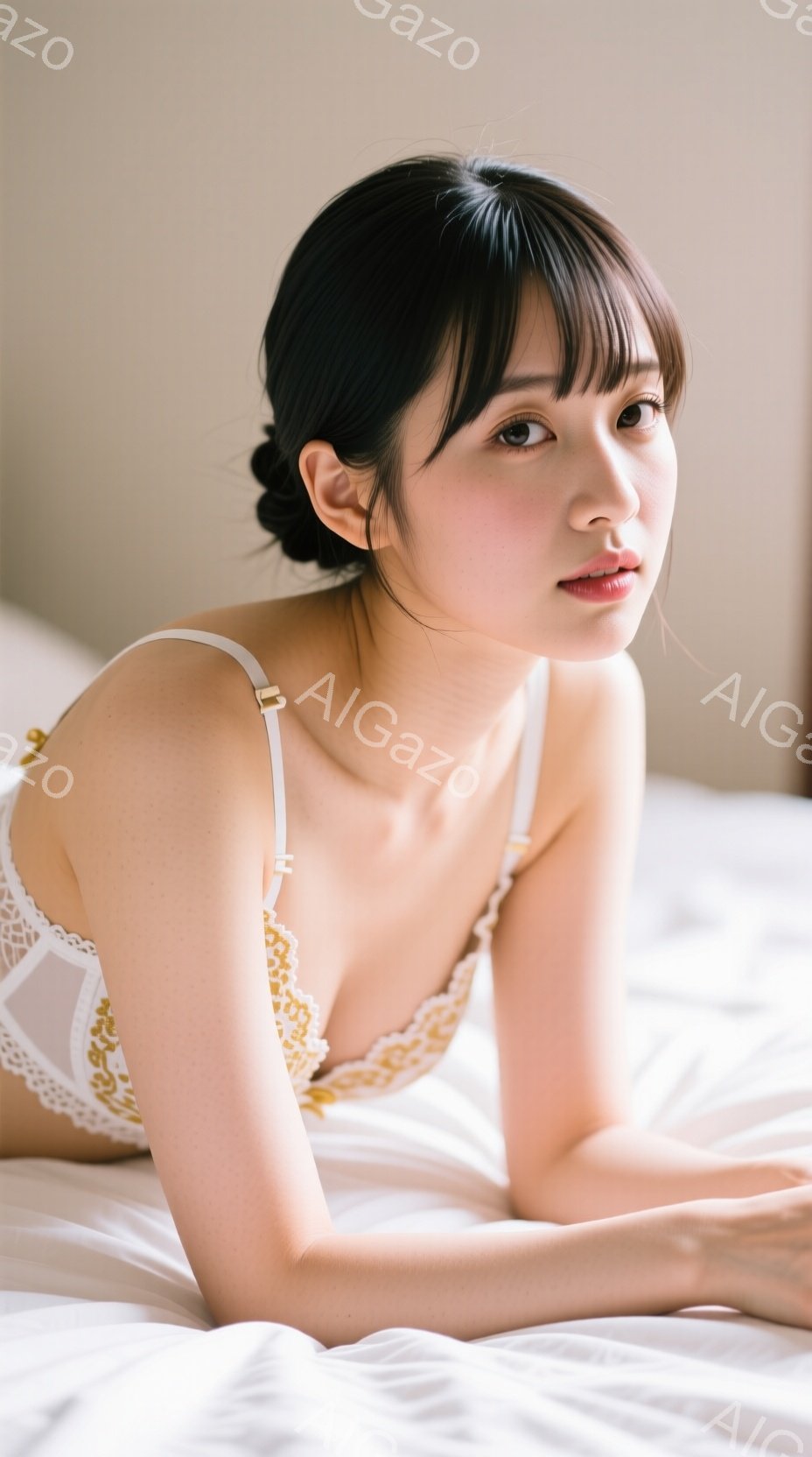 長い黒髪で前髪が目にかかる女性が、白いレースのブラレットと黄色い模様のボトムスを身に着けて、白いベッドの上で横たわっています。彼女はカメラに向かって少し微笑み、穏やかな表情をしています。全体的に柔らか - AI生成フリー素材