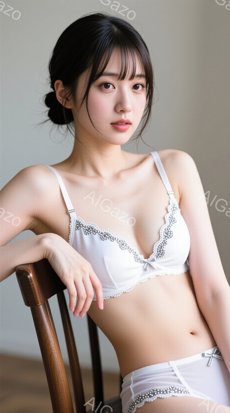 白いレースのブラジャーとショーツを身に着けた若い女性が、木製の椅子に座ってこちらを見ている。彼女は黒髪で前髪が目にかかり、落ち着いた表情で少し微笑んでいる。背景はシンプルな白い壁で、柔らかく自然な光が - AI生成フリー素材
