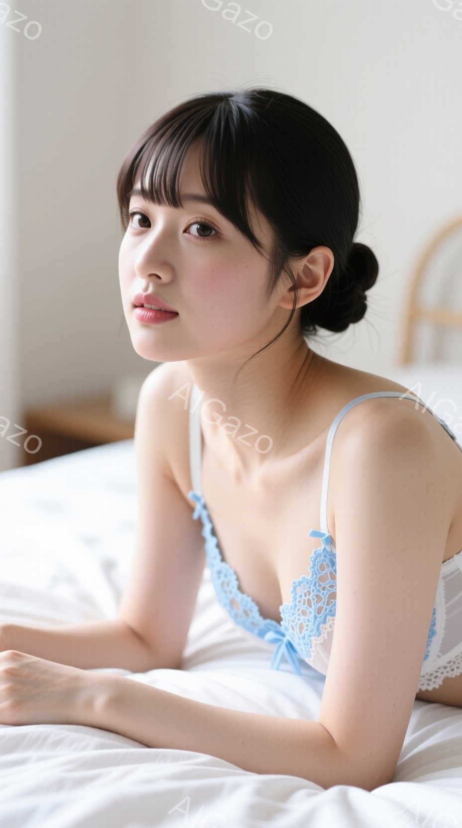 明るい色のブラレットを身につけた若い女性が、白いベッドに横たわっています。彼女は黒髪のボブスタイルで、穏やかな微笑みを浮かべ、カメラの方を少し見つめています。背景はぼやけていますが、部屋の一部が見え、 - AI生成フリー素材