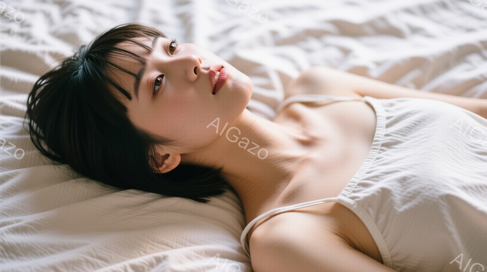 黒髪の女性が白いベッドの上に仰向けに横たわっています。彼女は細いストラップの白いトップスを着ており、リラックスした表情でカメラを見つめています。背景は白いシーツで、全体的に柔らかく穏やかな雰囲気を醸し - AI生成フリー素材
