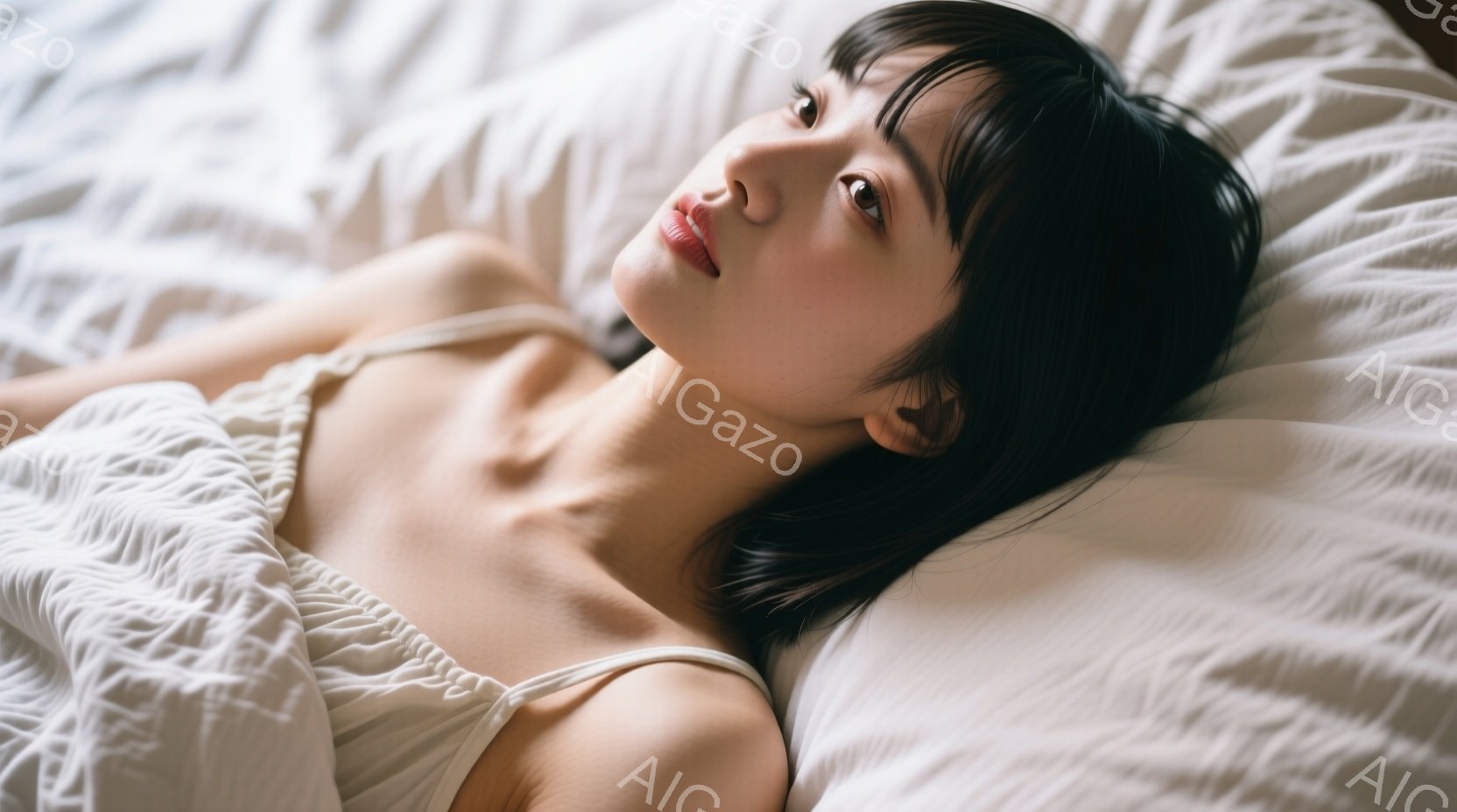 黒髪の女性が白いベッドの上で横たわっています。白いストラップの付いたトップスを着ており、穏やかな表情でカメラを見つめています。背景は白く、柔らかい光が女性を照らし、リラックスした雰囲気を醸し出していま - AI生成フリー素材