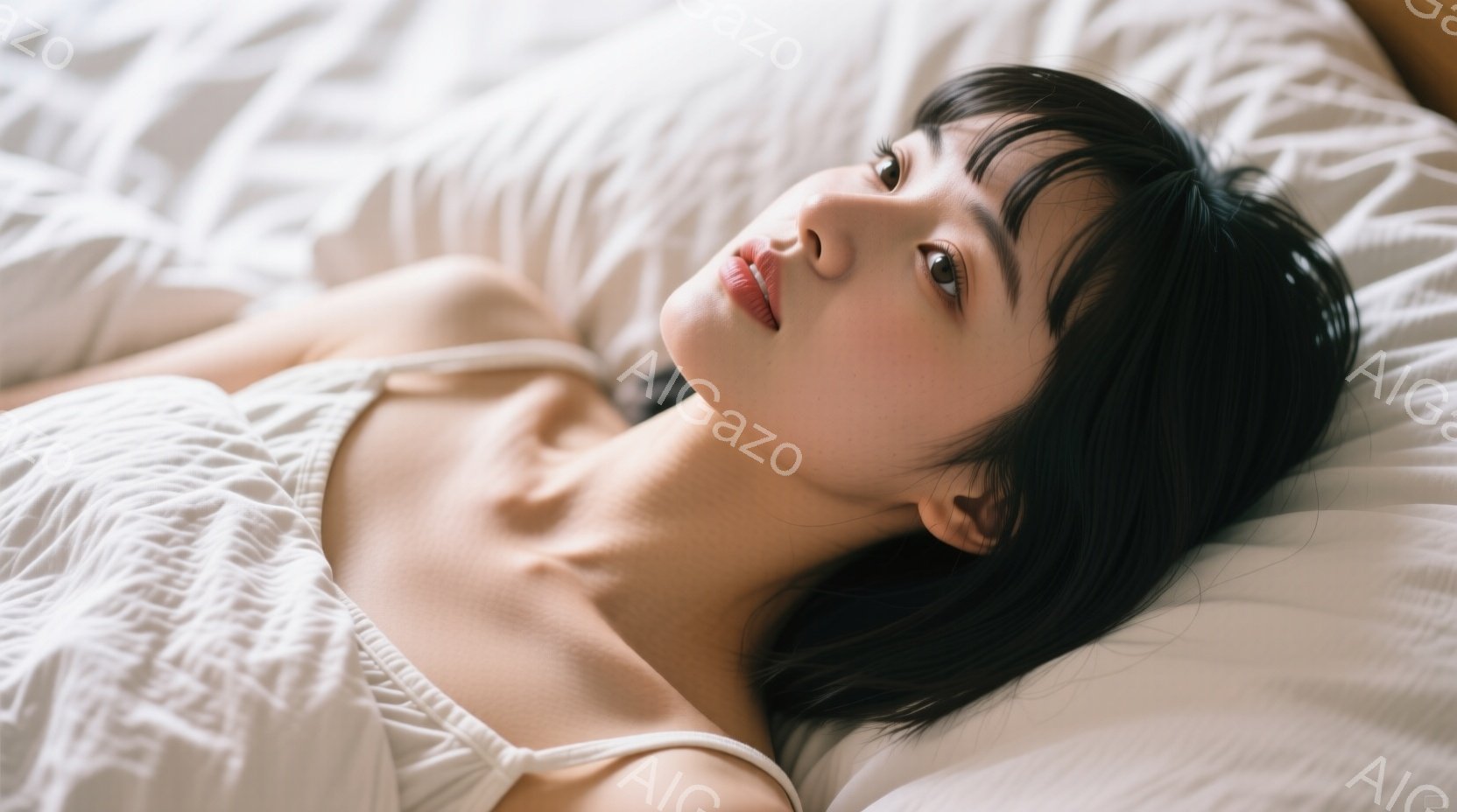 黒髪の女性が白いベッドの上で横たわっており、優しい表情でカメラを見つめています。肩出しの白いトップスを着ており、髪は短く、前髪が目にかかっています。背景は白くぼやけており、リラックスした穏やかな雰囲気 - AI生成フリー素材