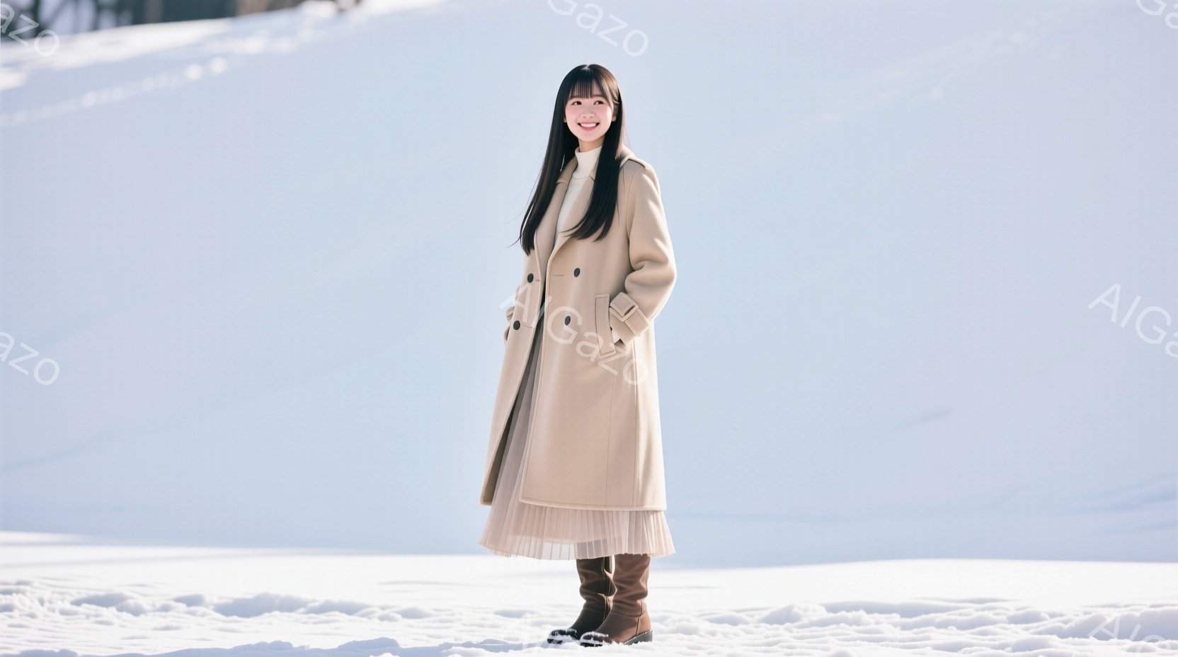 明るい雪景色の中に、ベージュ色のロングコートを着た女性が立っている。彼女は黒髪で、膝下まであるプリーツスカートとブーツを履いており、穏やかな笑顔を浮かべている。背景は一面の雪景色で、晴天の下、冬の静け - AI生成フリー素材