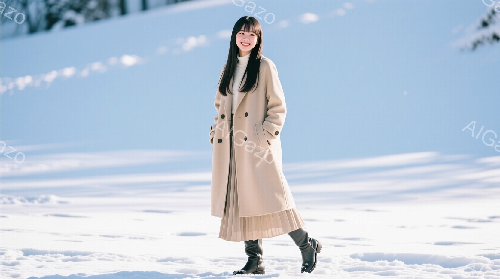 長い髪をストレートに下ろした女性が、ベージュ色のロングコートとプリーツスカート、黒いブーツを身に着けて雪の上に立っている。彼女はわずかに微笑み、リラックスした姿勢で、冬の穏やかな風景の中にいる。背景は - AI生成フリー素材