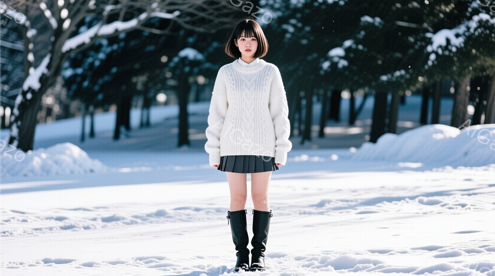 画像には、雪景色の中で立つ若い女性が写っています。彼女は白いケーブルニットセーターと黒いプリーツスカート、膝丈の黒いブーツを身につけ、ダークブラウンのボブヘアにしています。背景には雪に覆われた木々が広 - AI生成フリー素材