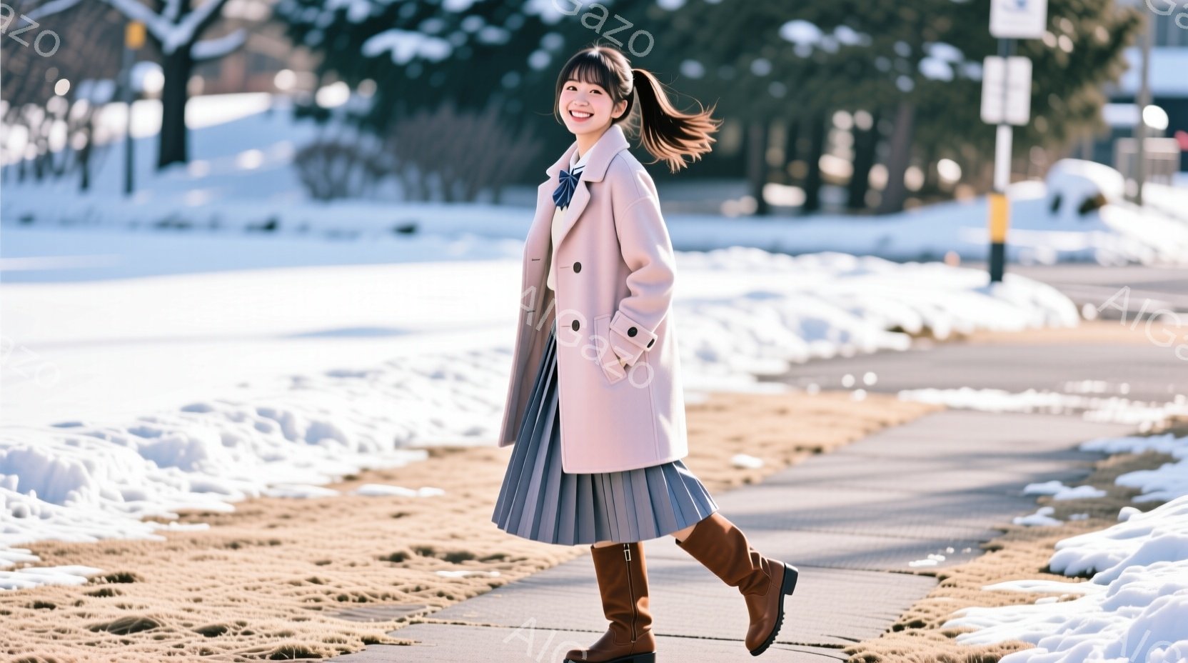 明るいピンク色のコートを着た若い女性が、グレーのプリーツスカートと茶色のブーツを履いて歩いています。彼女は髪をハーフアップにしており、笑顔で前を見つめています。背景には雪が積もった芝生と木々、そして遠 - AI生成フリー素材
