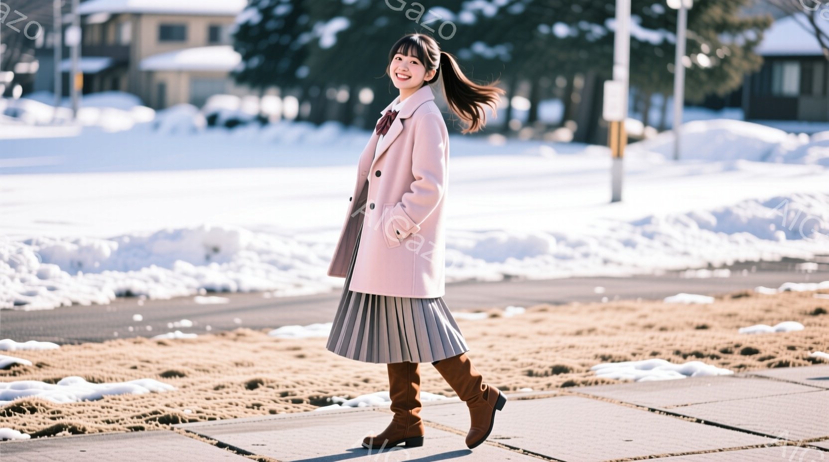 ピンク色のコートを着た若い女性が、グレーのプリーツスカートと茶色の膝丈ブーツを履いて、歩道を歩いている。彼女は髪をポニーテールにし、微笑みを浮かべており、表情は明るく、冬の晴れた日に楽しんでいる様子が - AI生成フリー素材