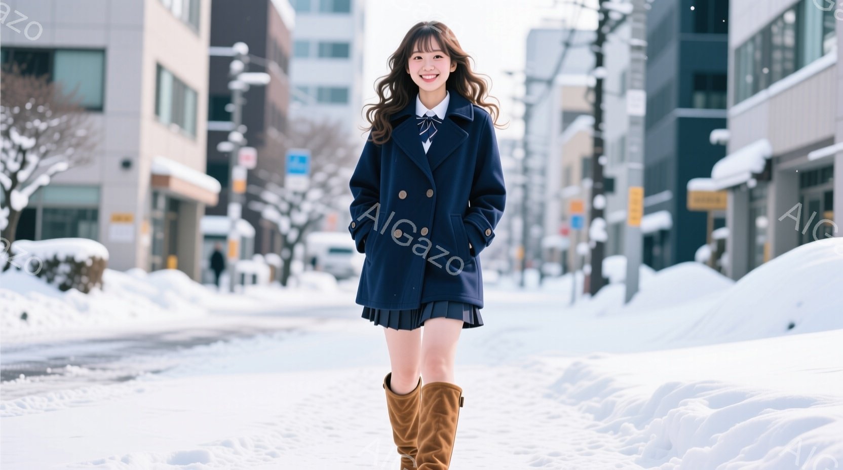 画像には、紺色のオーバーコートとプリーツスカートを着用し、茶色のブーツを履いた若い女性が写っています。彼女は微笑んでいて、少し前かがみの姿勢で立っており、冬の雪景色の中を歩いている様子が伺えます。背景 - AI生成フリー素材