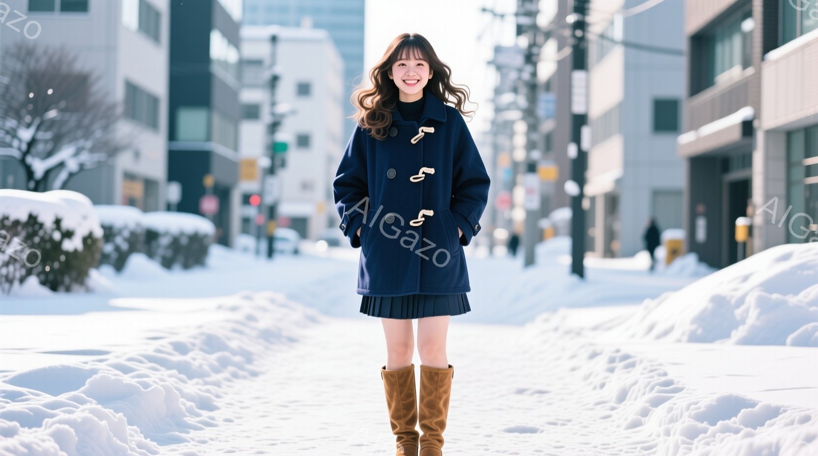 画像には、雪に覆われた街路に立つ若い女性が写っています。彼女は濃い青色のダッフルコート、プリーツスカート、茶色のブーツを着用し、明るい笑顔を見せています。背景には建物や木々が見え、雪深い冬の風景が広がっています。