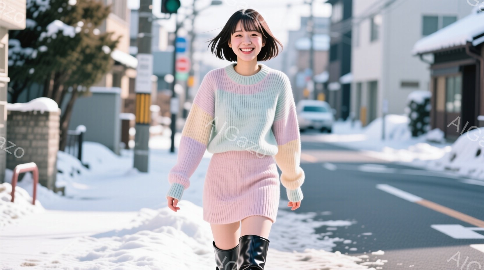 画像には、ピンクとミントグリーンのセーターとスカートを身につけた若い女性が写っています。彼女は黒いブーツを履き、少し微笑みながらカメラの方を見ており、冬の街路を歩いています。背景には雪に覆われた建物と - AI生成フリー素材