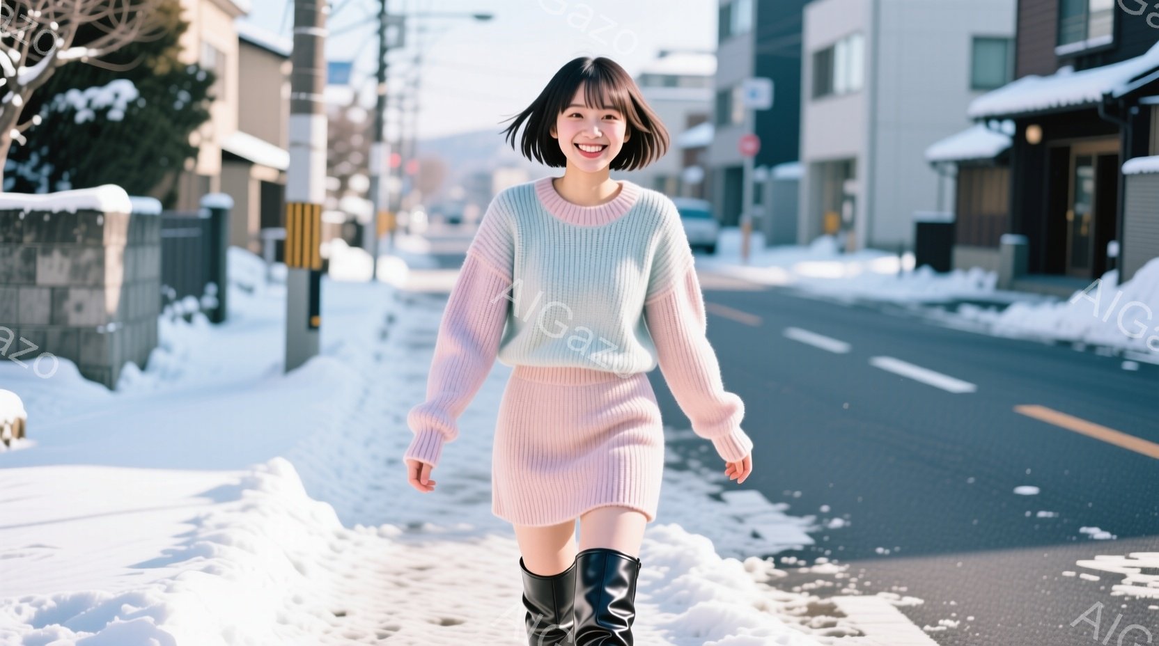 浅いピンクとミントグリーンのセットアップを着た若い女性が、雪に覆われた住宅街を歩いている。ショートボブのヘアスタイルで、顔には明るい笑顔が浮かんでいる。背景には、雪で覆われた家々や道路が広がり、冬の静 - AI生成フリー素材