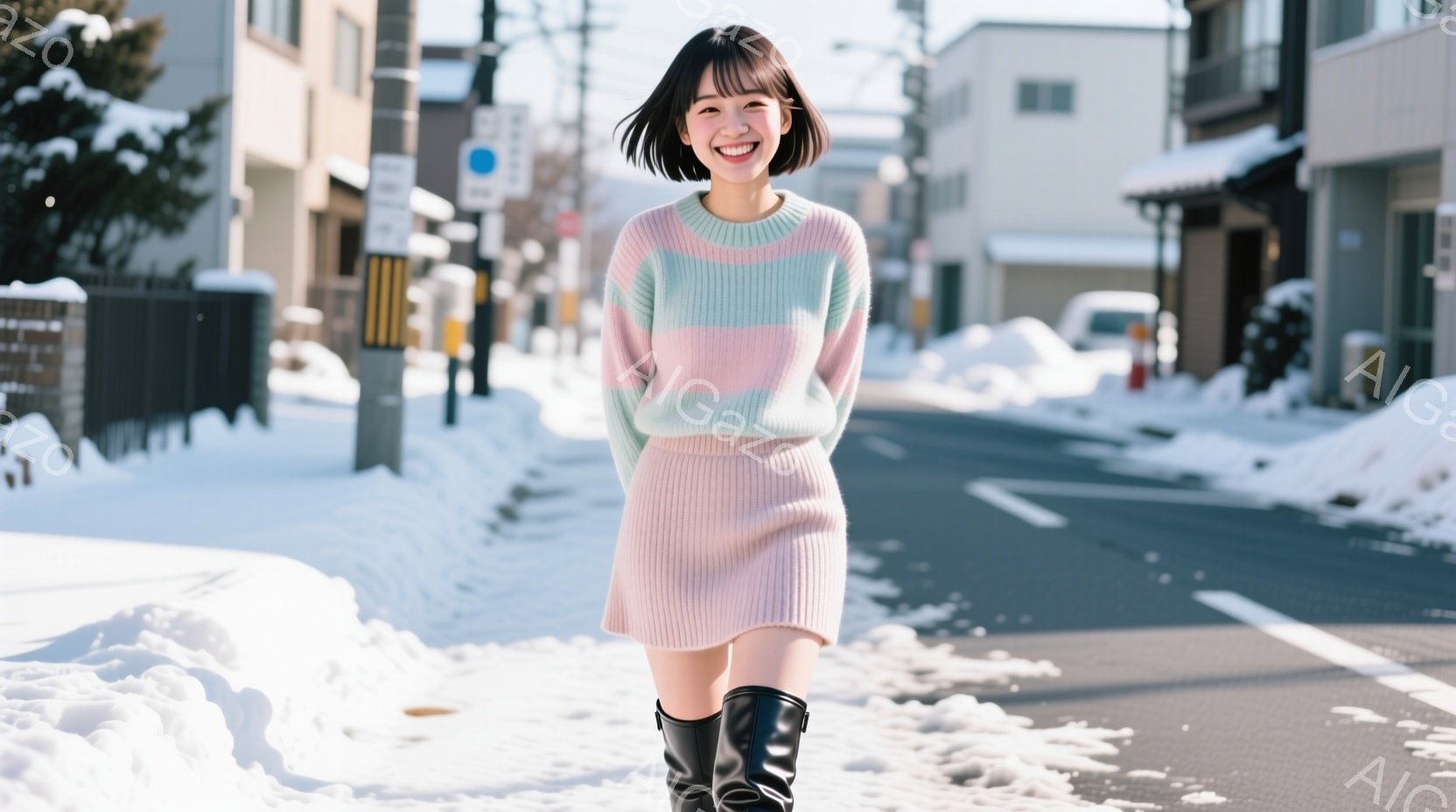 画像には、ピンクと薄緑のセーターとスカートを身につけた若い女性が写っています。彼女は黒いブーツを履き、少し微笑んでおり、リラックスした姿勢で道路の中央を歩いています。背景には雪が積もった建物や道路があ - AI生成フリー素材
